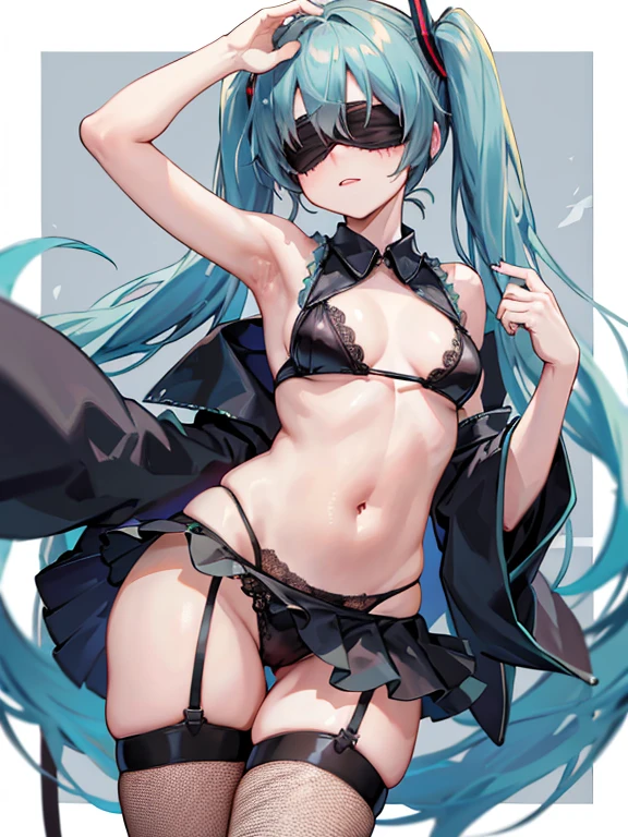 (((hairy belly))),under arm hair,hairy armpit,(blindfold),kimono,garter belt,backless outfit, lace-trimmed fishnet thighhighs,leg ribbon,hatsune miku