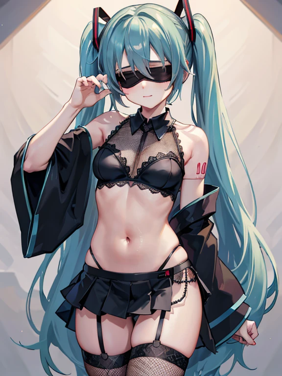 (((hairy belly))),under arm hair,hairy armpit,(blindfold),kimono,garter belt,backless outfit, lace-trimmed fishnet thighhighs,leg ribbon,hatsune miku