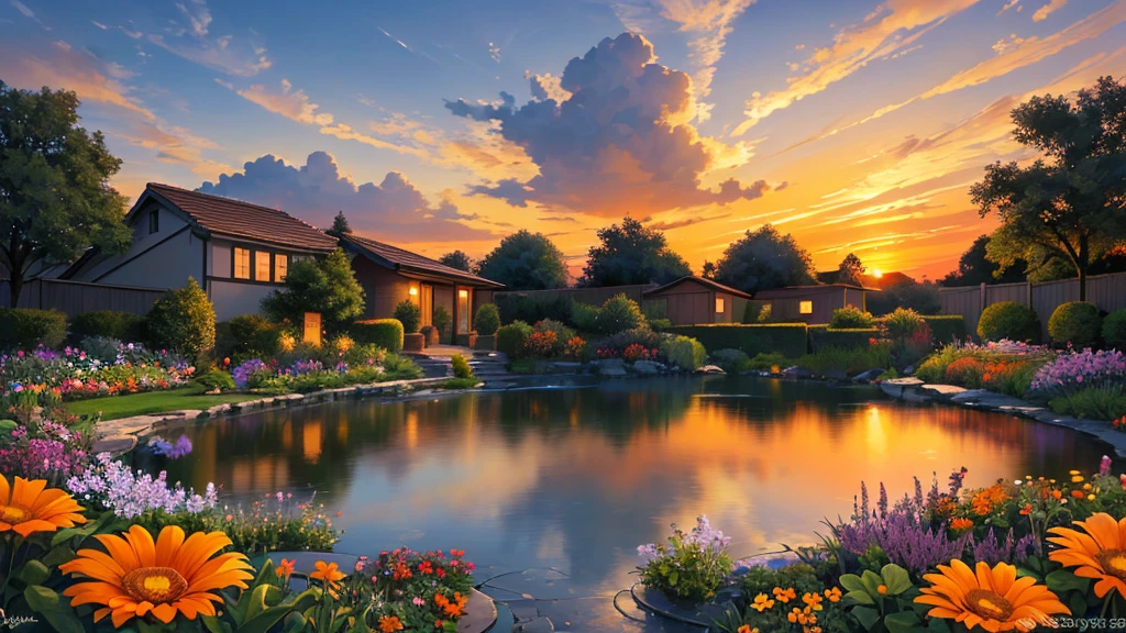 masterpiece,nice, the nice sunset in a garden, flower, water, landscape, Beautiful Clouds, orange, orange atmosphere, Beautiful sky, Amazing View, Artistic painting,