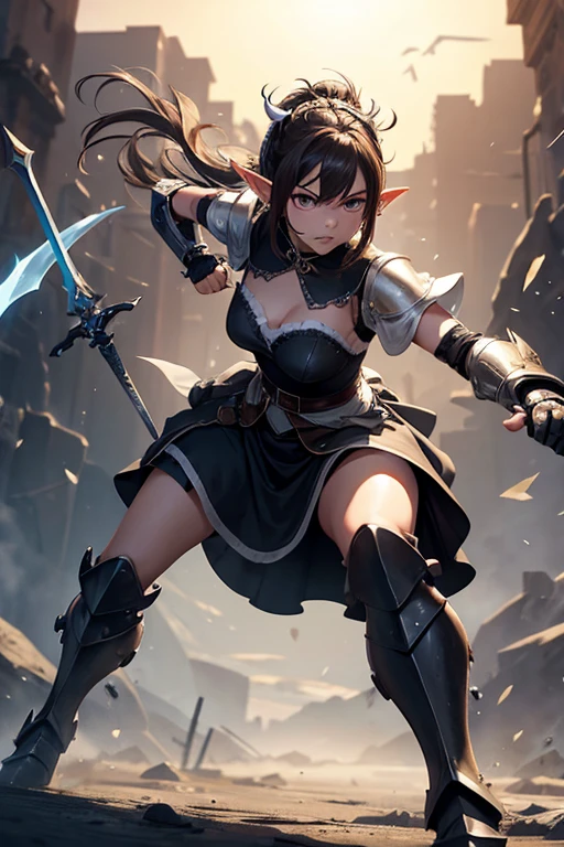 {1girl}, adult, {{knight}}, {{maid dress}}, best quality, {masterpiece}, extra lens flare, {{mechanical legs}}, elf ears, fangs, angry face, messy hair, mid battle, sword, {battle pose}, full body, wide leg stance