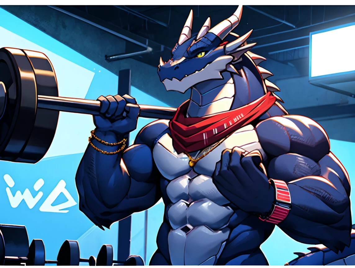 (((He has a dragon head ))). Correndo na esteira. Fazendo alongamento. He is lifting weights in the gym, treinando muito arduamente. Ele veste short de treino. bandana on neck, Watch & Bracelets. He wears gold chain around his neck.modern gym scene. Seu Corpo Pesa acima dos 180 quilos. Fotografia de corpo inteiro fotografia de Corpo completo. Luzes de neon decoram o ambiente. Luzes de led decoram o ambiente moderno da academia. Uma tv na parede ao fundo. 