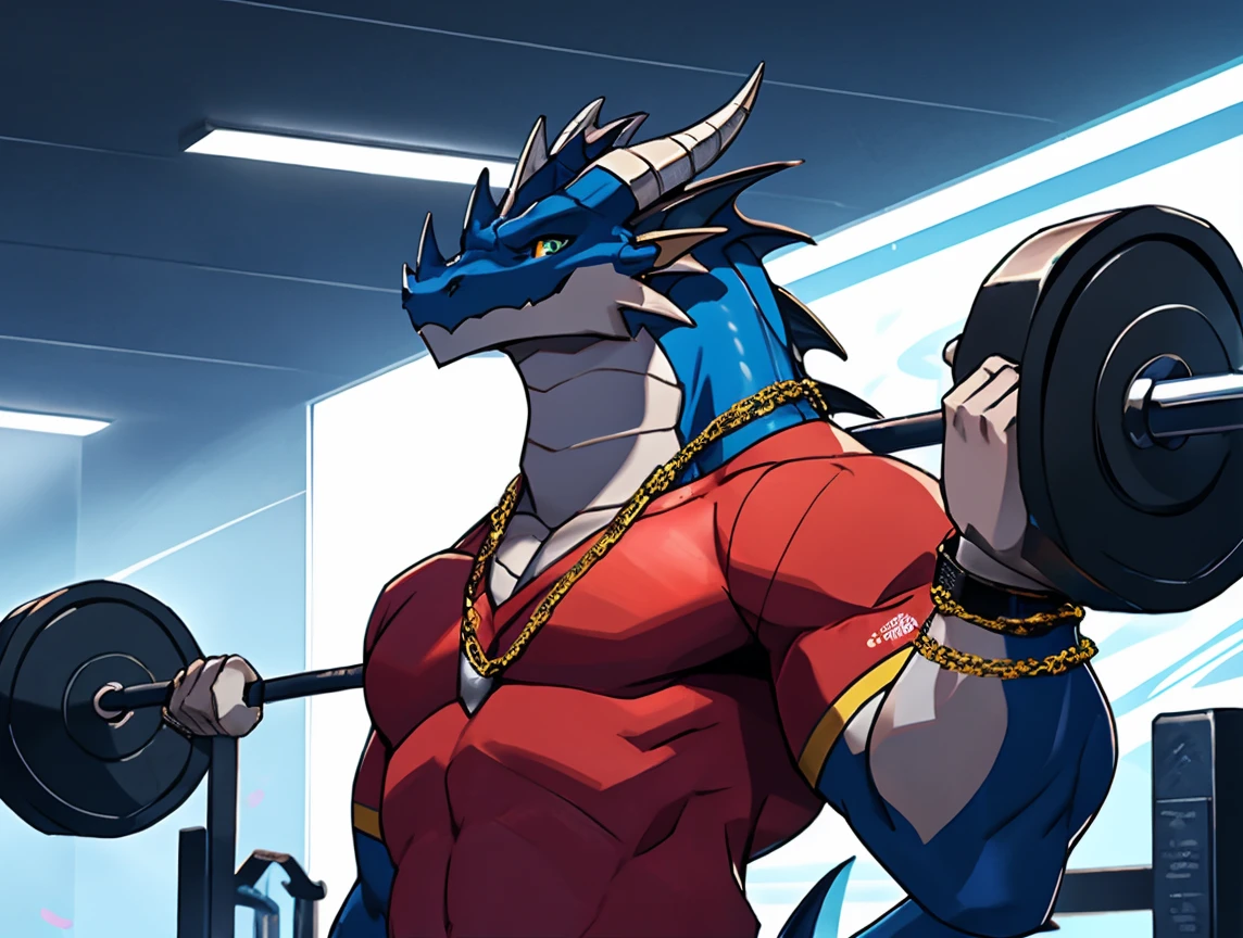 (((He has a dragon head ))). Correndo na esteira. Fazendo alongamento. He is lifting weights in the gym, treinando muito arduamente. Ele veste short de treino. bandana on neck, Watch & Bracelets. He wears gold chain around his neck.modern gym scene. Seu Corpo Pesa acima dos 180 quilos. Fotografia de corpo inteiro fotografia de Corpo completo. Luzes de neon decoram o ambiente. Luzes de led decoram o ambiente moderno da academia. Uma tv na parede ao fundo.