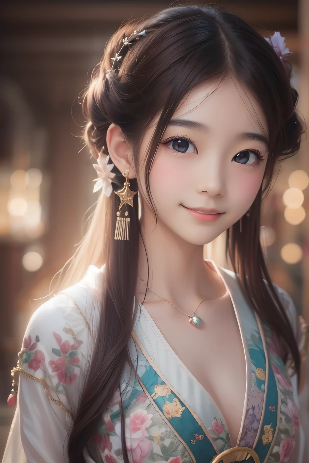 Great quality, masterpiece, High Resolutiupon, One girl, blush, (Captivating smile: 0.8), Star Student, chinese hanfu, hair accessory, necklace, jewelry, beauty, upon_body, Tyndall effect, Realistic, Shadow Room, Light Edge, Two-tupone Lighting, (Skin with attention to detail: 1.2), 8k UHD, SLR, Soft Light, high quality, Volumetric lighting, snapshot, High Resolutiupon, 4K, 8k, Background Blur, Real Persupon