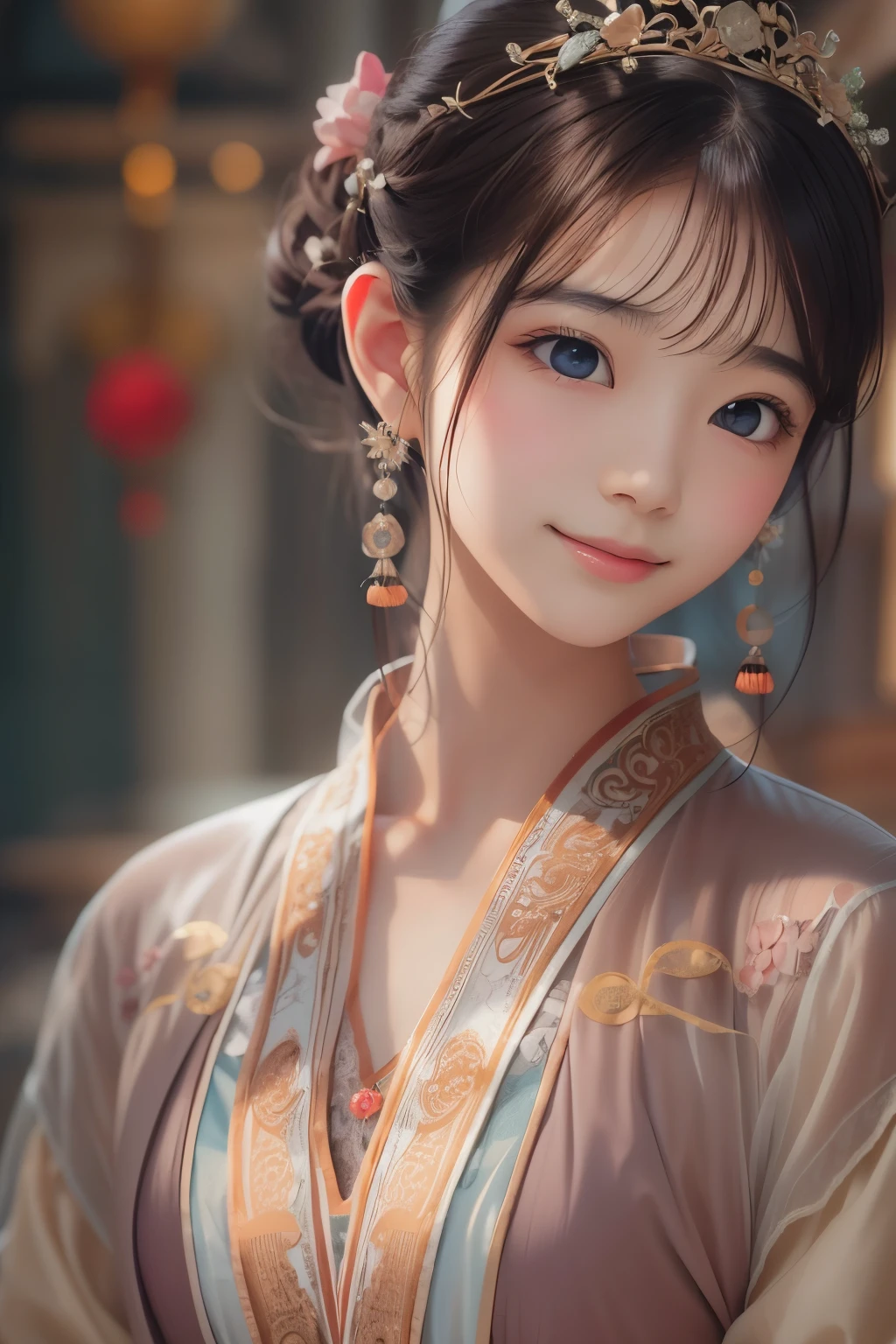 Great quality, masterpiece, High Resolutiupon, One girl, blush, (Captivating smile: 0.8), Star Student, chinese hanfu, hair accessory, necklace, jewelry, beauty, upon_body, Tyndall effect, Realistic, Shadow Room, Light Edge, Two-tupone Lighting, (Skin with attention to detail: 1.2), 8k UHD, SLR, Soft Light, high quality, Volumetric lighting, snapshot, High Resolutiupon, 4K, 8k, Background Blur, Real Persupon