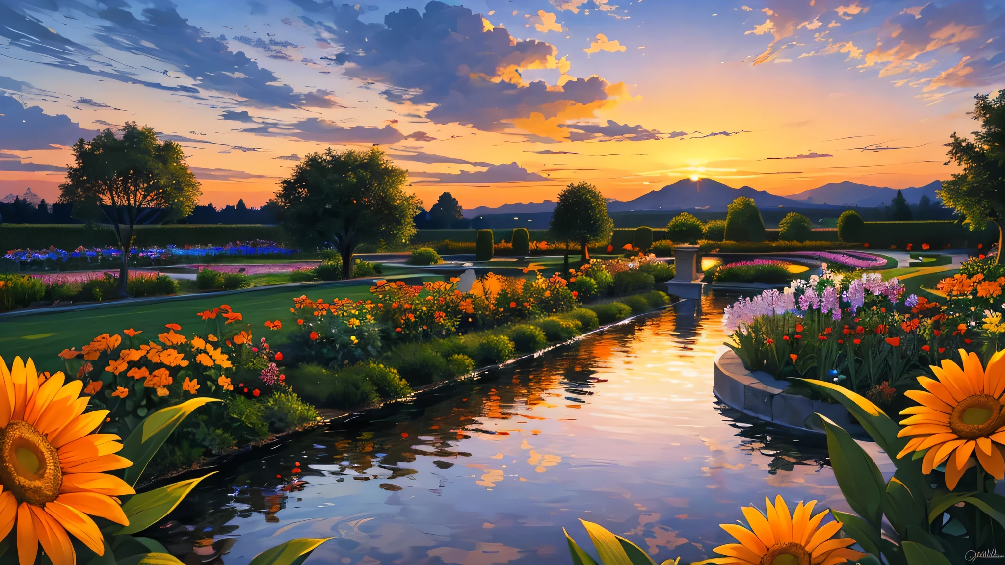 masterpiece,nice, the nice sunset in a garden, flower, water, landscape, Beautiful Clouds, orange, orange atmosphere, Beautiful sky, Amazing View, Artistic painting,