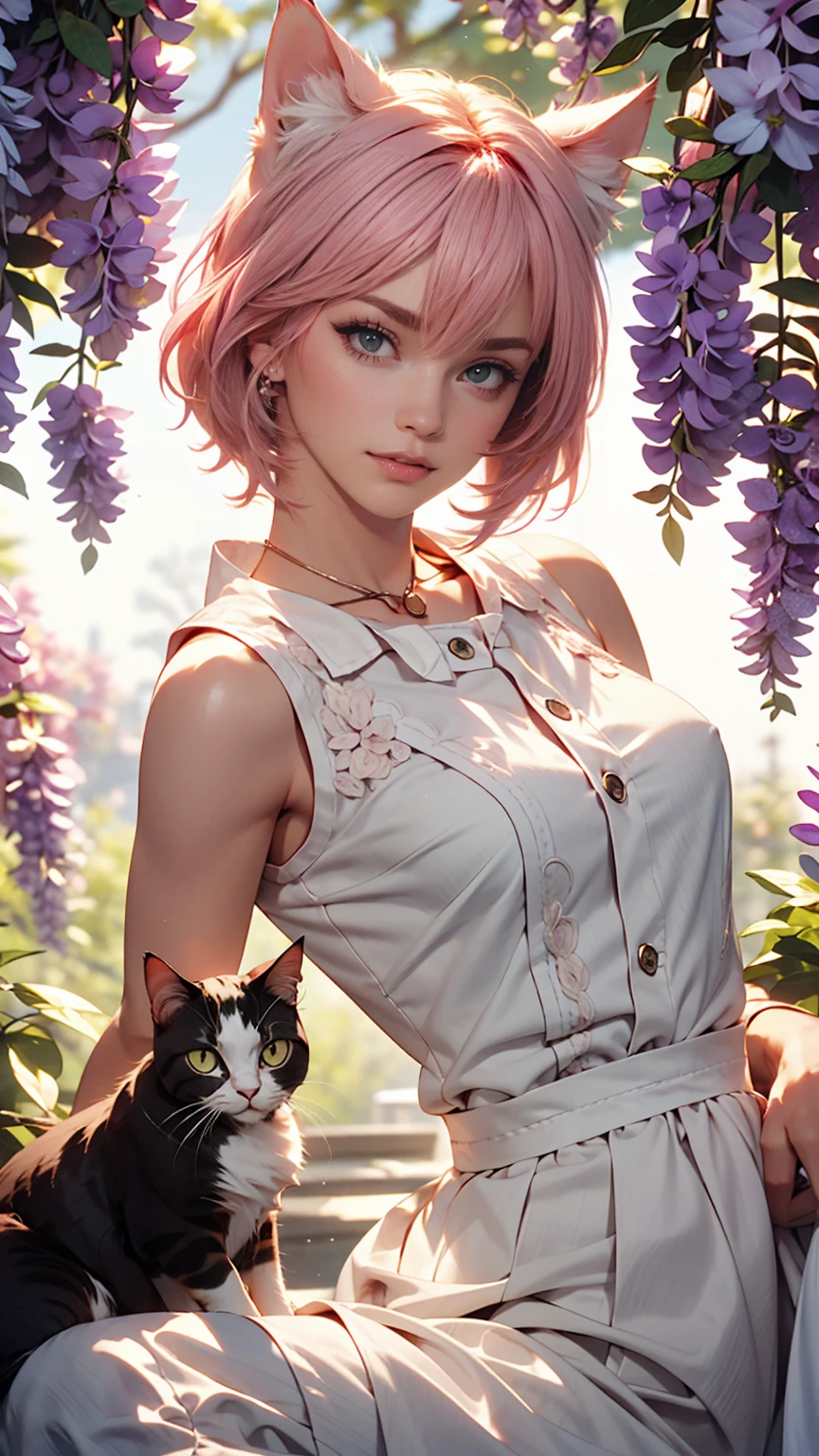 One girl, alone, Cute girl with pink hair, Pink Eyes, Wisteria flower background, Soft natural light, Cat ear, Sleeveless white shirt