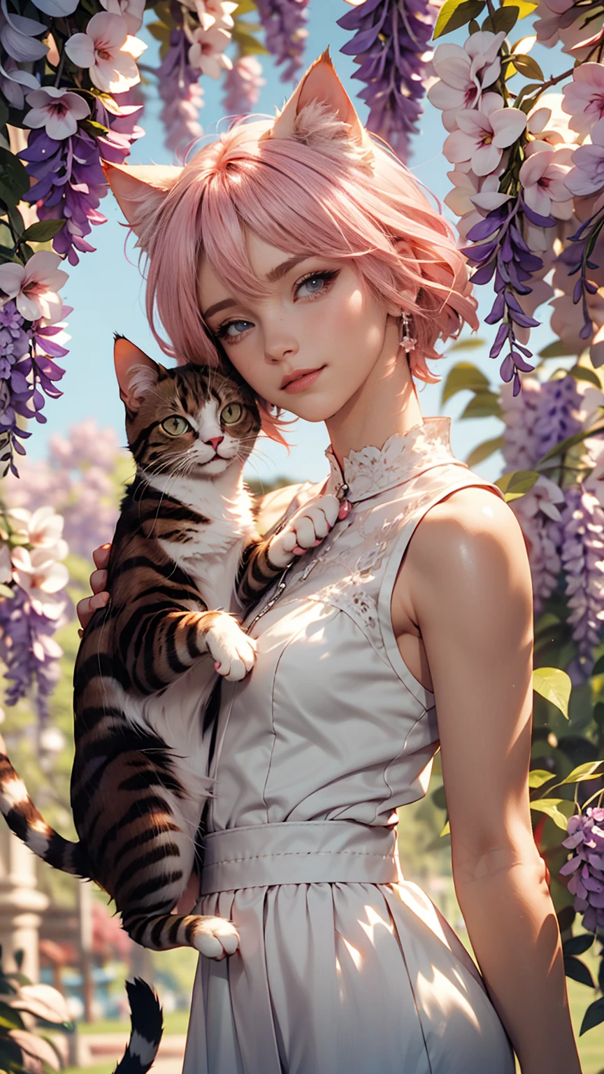 One girl, alone, Cute girl with pink hair, Pink Eyes, Wisteria flower background, Soft natural light, Cat ear, Sleeveless white shirt