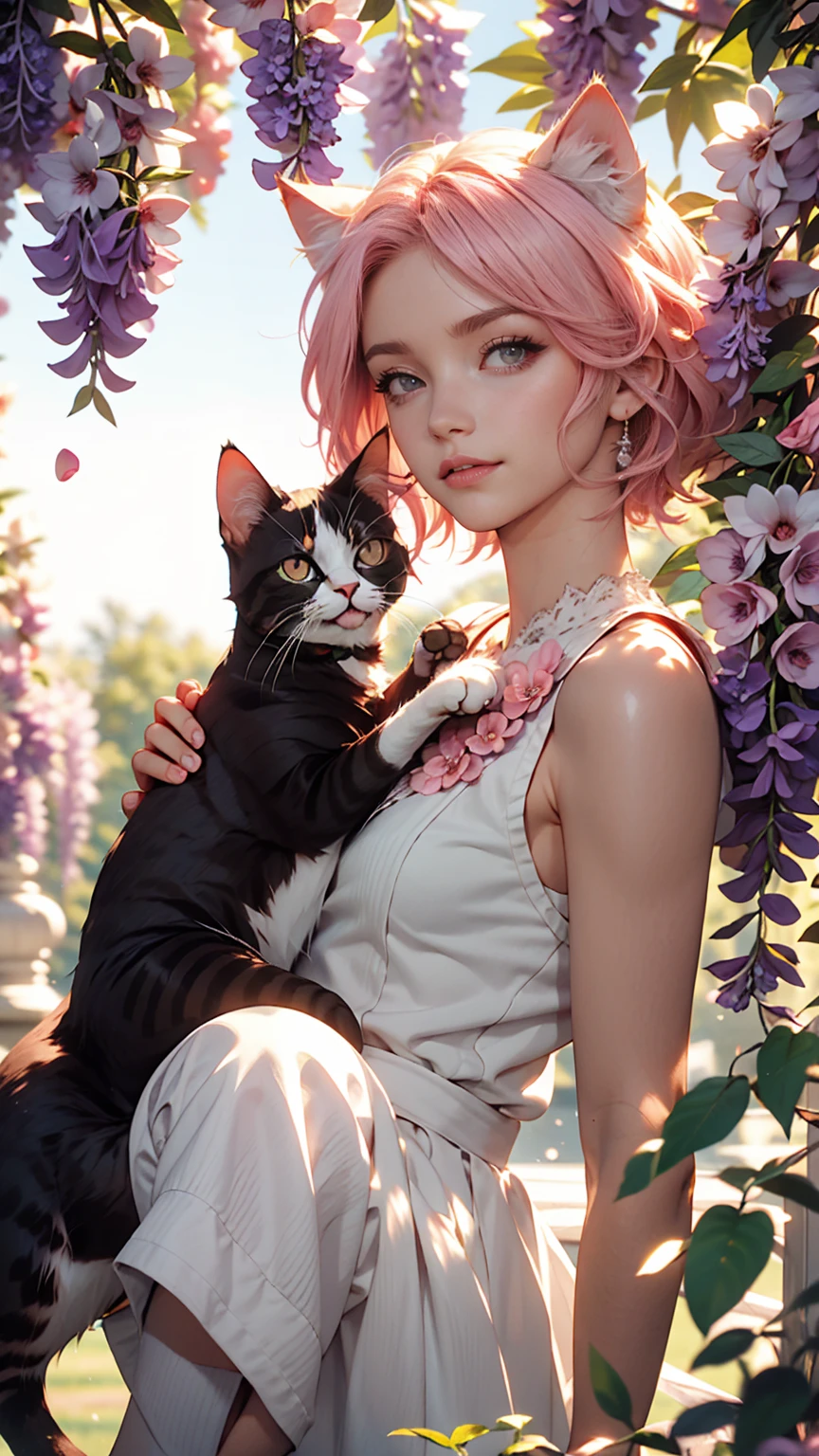One girl, alone, Cute girl with pink hair, Pink Eyes, Wisteria flower background, Soft natural light, Cat ear, Sleeveless white shirt