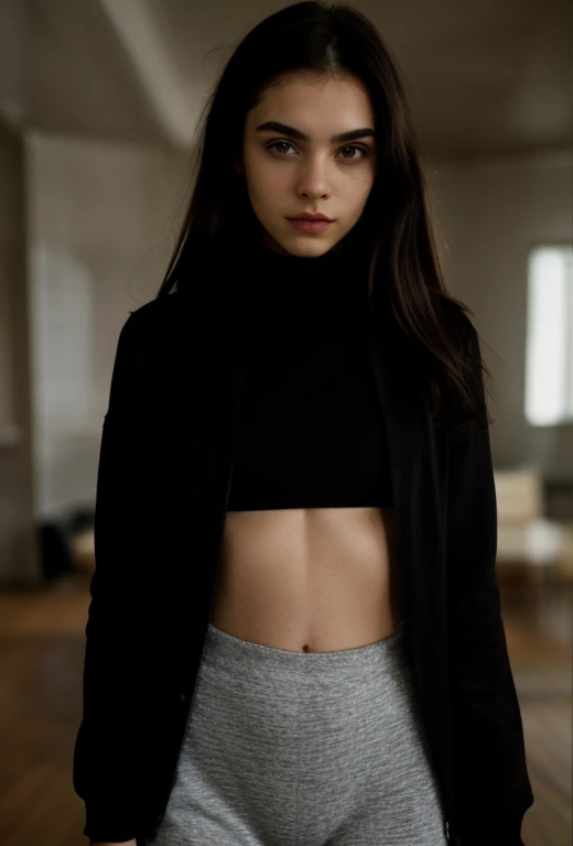 photograph of a 20 year old woman, cara perfecta, Obra maestra, Bien, ropa interior, negro_Bien, chaqueta, negro_bragas