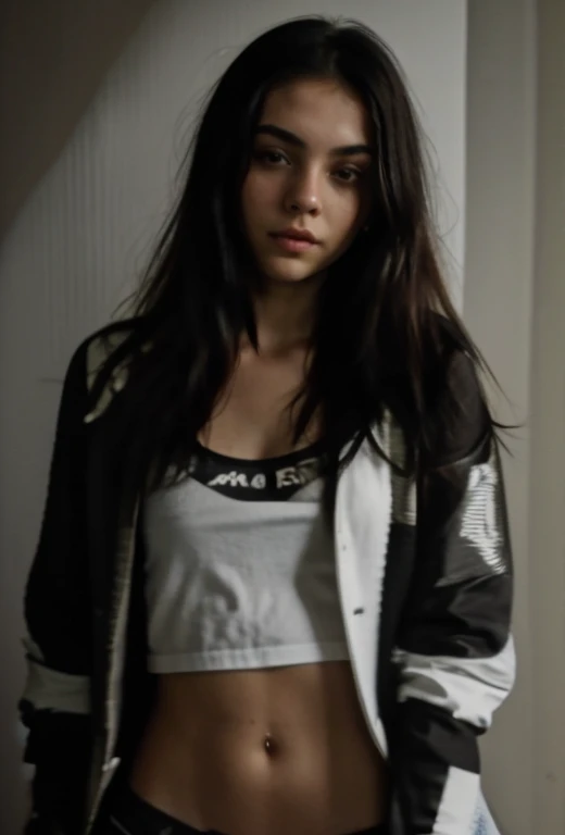 photograph of a 20 year old woman, cara perfecta, Obra maestra, Bien, ropa interior, negro_Bien, chaqueta, negro_bragas