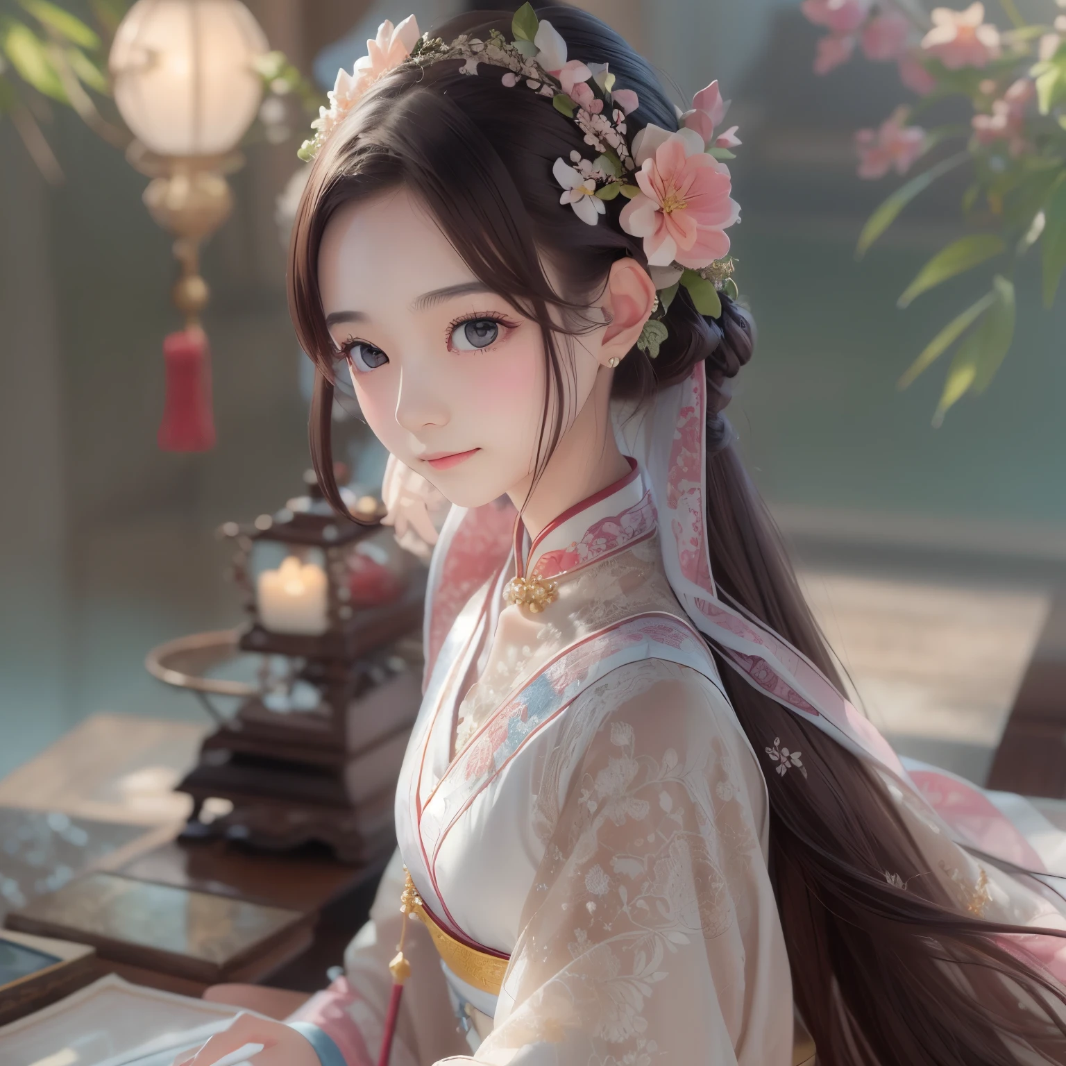 Great quality, masterpiece, High Resolutiupon, One girl, blush, (Captivating smile: 0.8), Star Student, chinese hanfu, hair accessory, necklace, jewelry, beauty, upon_body, Tyndall effect, Realistic, Shadow Room, Light Edge, Two-tupone Lighting, (Skin with attention to detail: 1.2), 8k UHD, SLR, Soft Light, high quality, Volumetric lighting, snapshot, High Resolutiupon, 4K, 8k, Background Blur, Real Persupon