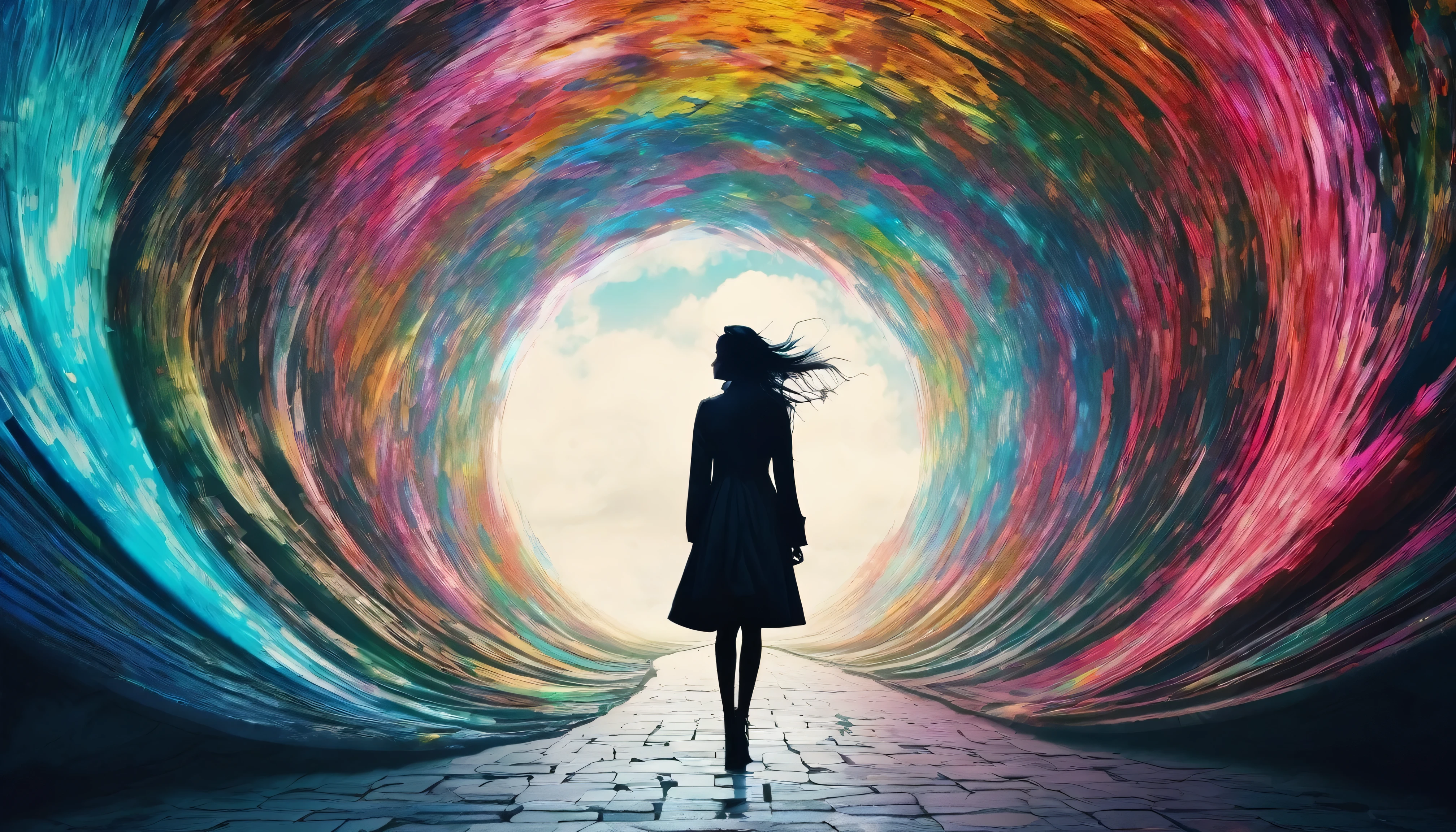 There is a woman walking through the tunnel., Unsplash, Conceptual Art, Alice falls down the rabbit hole, The Animatrix, The Sandman by Surreal Neil Gaiman, Standing in the maelstrom, the The Animatrix, From The Sandman Netflix Show, Mistborn、Colorful and vibrant、Japanese anime style、serious atmosphere