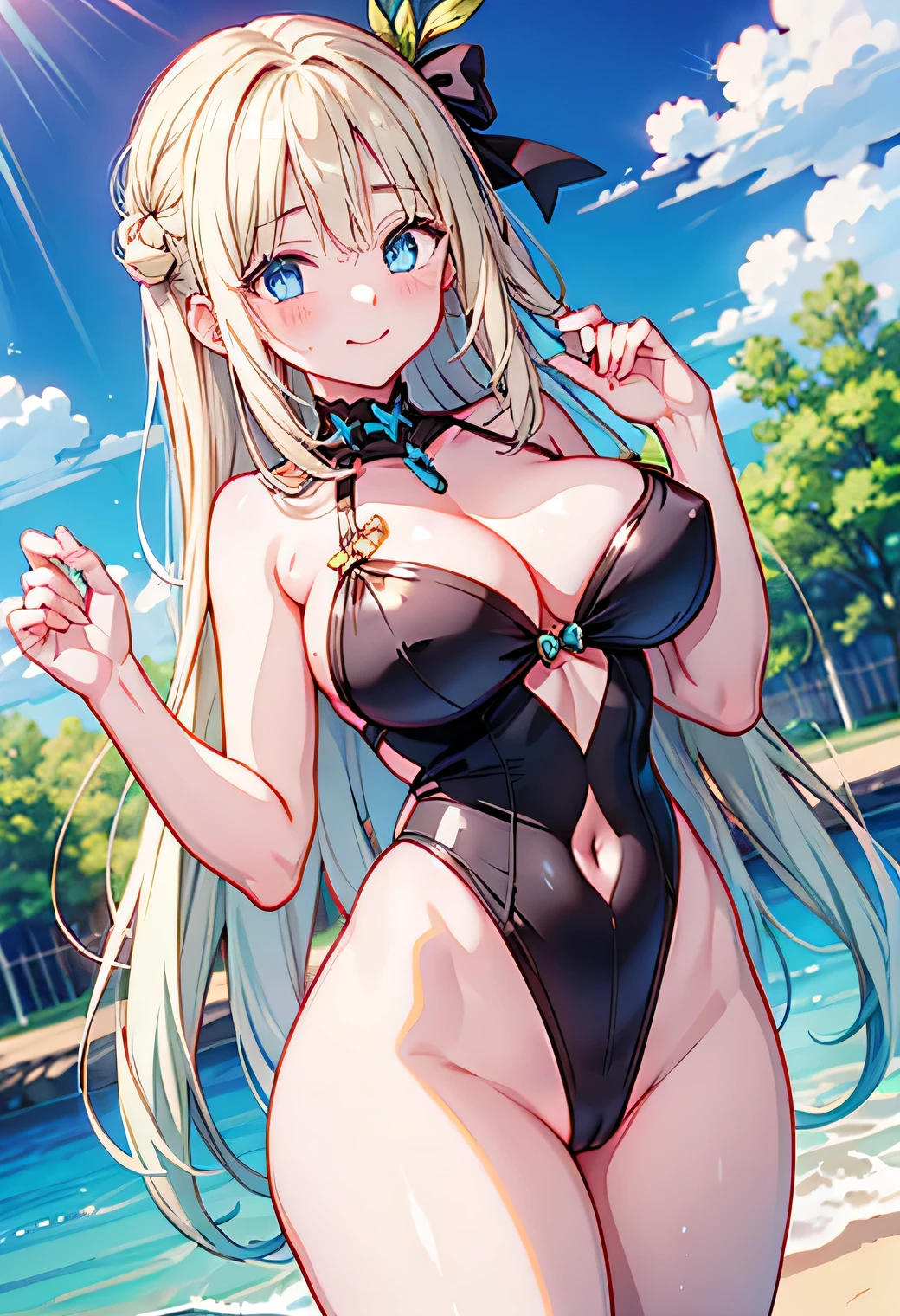 Anime illustration、highest quality、Sandy Beach、Image Video、Idol、Perfect proportions、leotard、Overwhelmingly large breasts、Very thick legs、Beautiful, shining eyes、Blushed、smile、Cowboy Shot