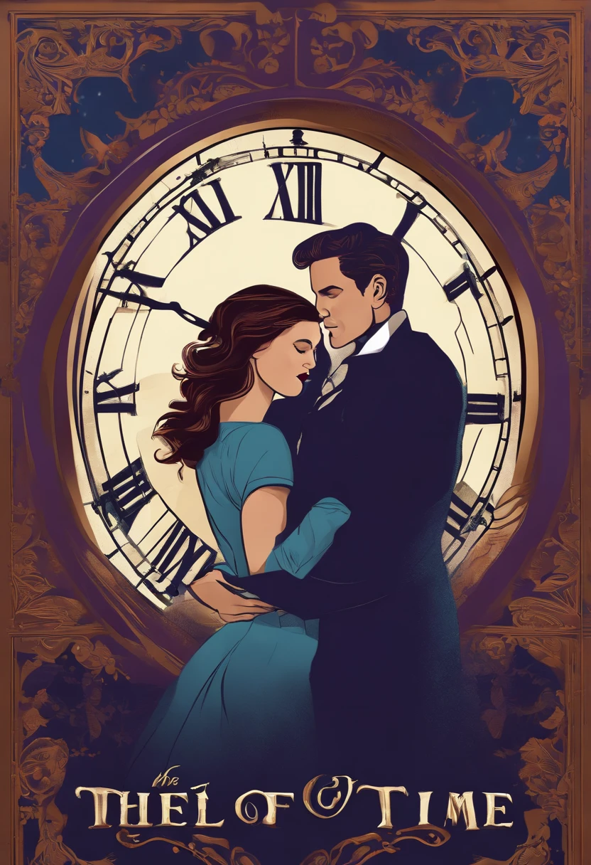Crea una imagen para portada de libro con tel tema de "the thief of time" en fondos de color azul y morado, relojes antiguos, una pareja (hombre y mujer) enamorada