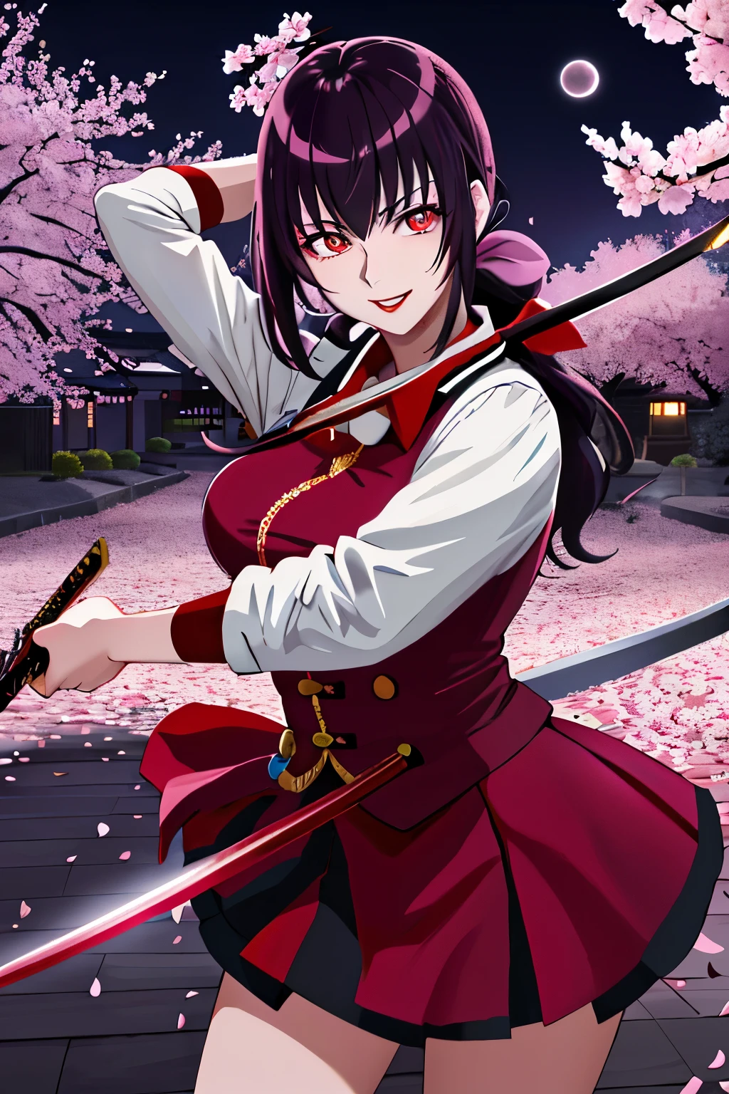 manga cover illustration - Akane Yandere Galas base pose – katana Akane,
(masterpiece:1.0), (best_quality:1.0), ultra high res, ultra-detailed,
anime style: 1.5, Akane with a menacing smile, (long black hair),
(yandere expression, eyes filled with intensity), (wielding a katana),
(detailed katana with intricate etchings), (glossy skin, red lips),
((dark background with cherry blossoms or moonlit nightscape),
(detailed shadows, vibrant colors), (dramatic pose with raised sword),
(