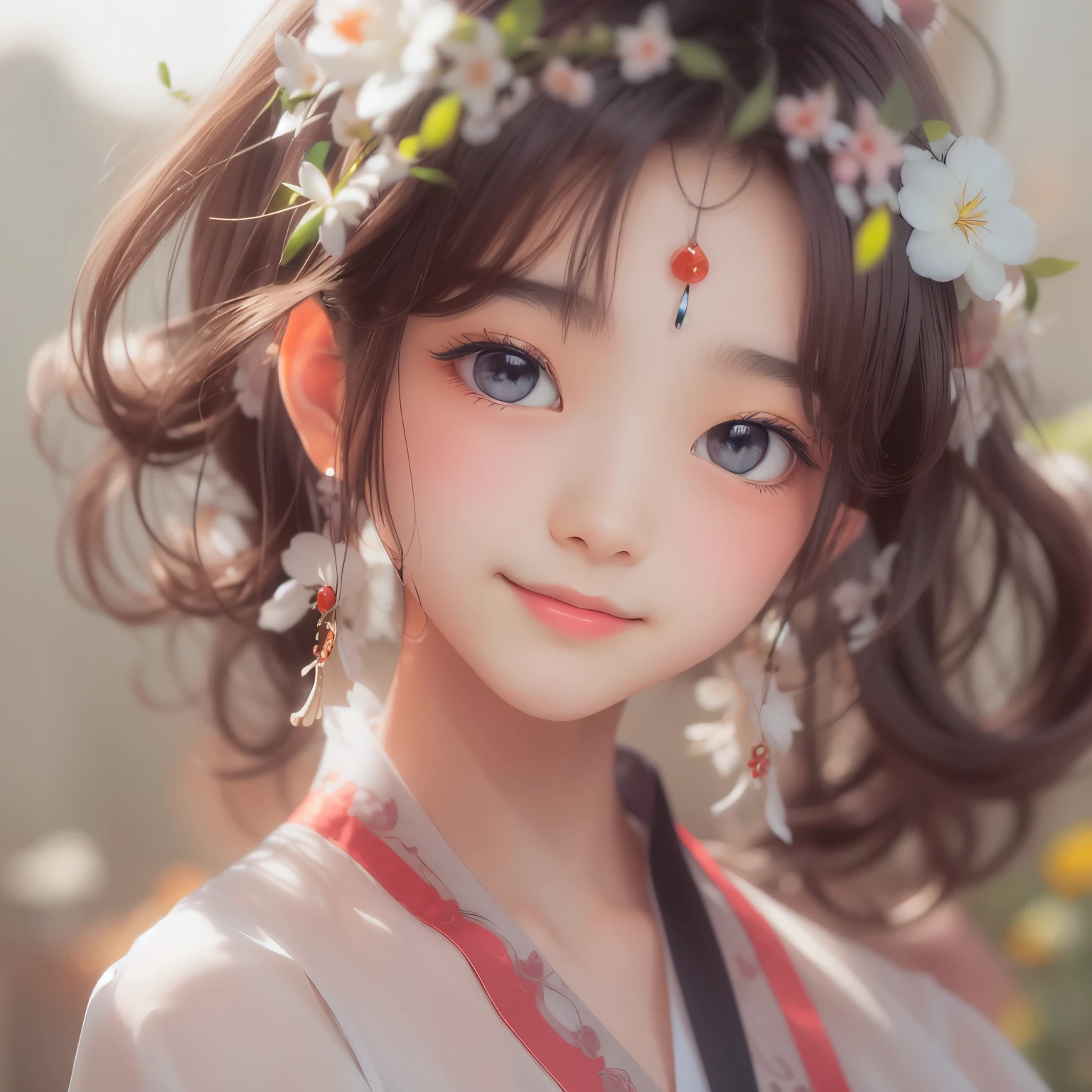 detailed face, cute face,brown eye, Great quality, masterpiece, High Resolutiupon, One girl, blush, (Captivating smile: 0.8), Star Student, chinese hanfu, hair accessory, necklace, jewelry, beauty, upon_body, Tyndall effect, Realistic, Shadow Room, Light Edge, Two-tupone Lighting, (Skin with attention to detail: 1.2), 8k UHD, SLR, Soft Light, high quality, Volumetric lighting, snapshot, High Resolutiupon, 4K, 8k, Background Blur, Real Persupon