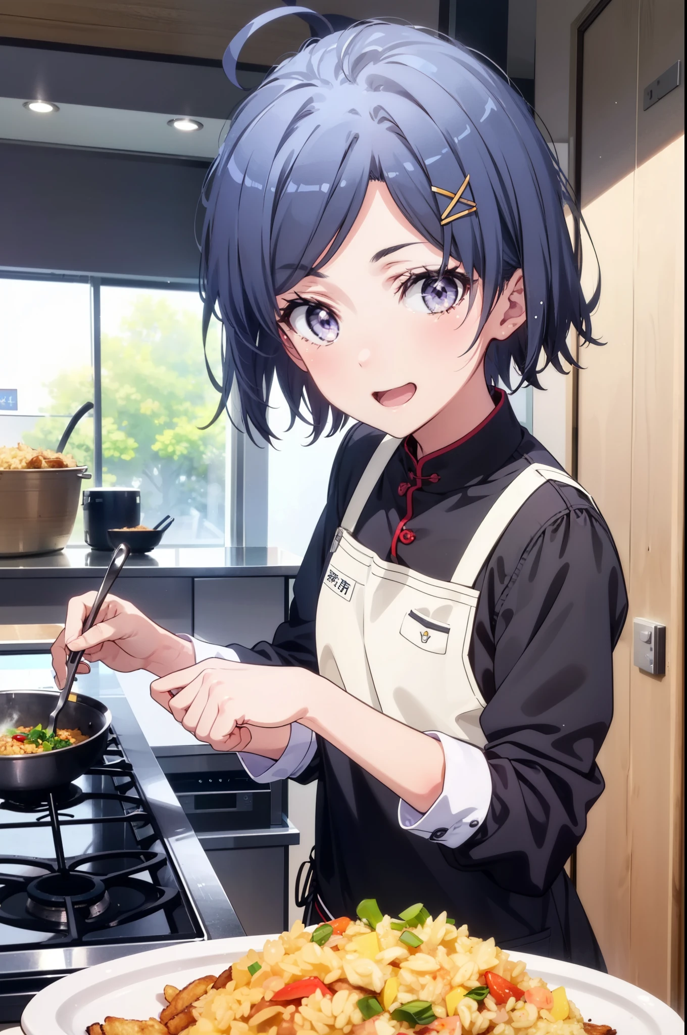 komachihikigaya, komachi hikigaya, short hair, Black Hair, hair ornaments, Ahoge, Hair Clip, x hair ornaments, (Purple eyes:1.1),tooth,happy smile, smile, Open your mouth,chef uniform, chef hat, chef, Zend 4y4, cooking, Chinese pan, fire, fried rice, Stove, フレームから足が外れている
break indoors, kitchen,
break looking at viewer, (Cowboy Shot:1.5),
break (masterpiece:1.2), highest quality, High resolution, unity 8k wallpaper, (shape:0.8), (Beautiful details:1.6), Highly detailed face, Perfect lighting, Extremely detailed CG, (Perfect hands, Perfect Anatomy),