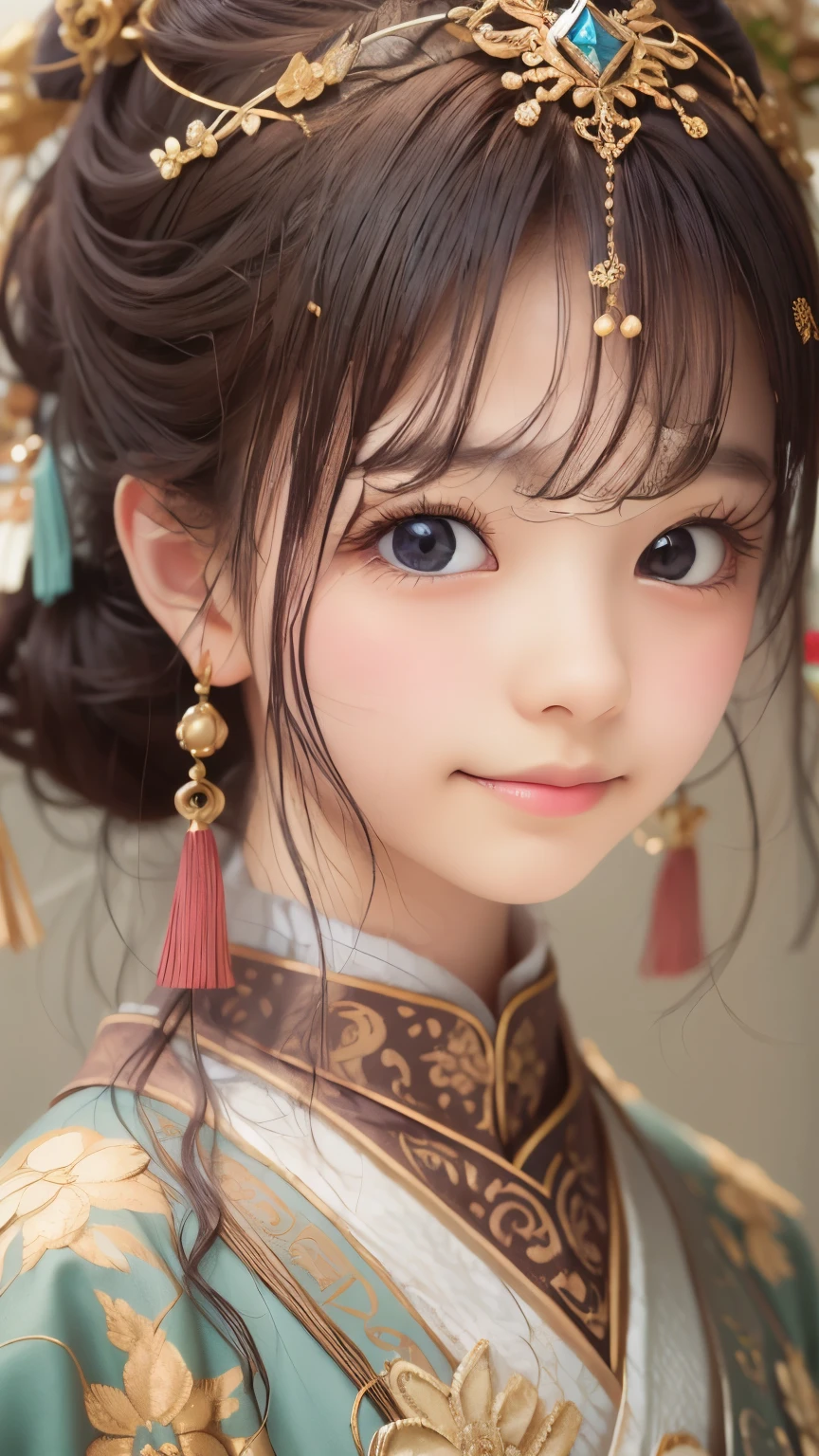 detailed face, cute face,brown eye, Great quality, masterpiece, High Resolutiupon, One girl, blush, (Captivating smile: 0.8), Star Student, chinese hanfu, hair accessory, necklace, jewelry, beauty, upon_body, Tyndall effect, Realistic, Shadow Room, Light Edge, Two-tupone Lighting, (Skin with attention to detail: 1.2), 8k UHD, SLR, Soft Light, high quality, Volumetric lighting, snapshot, High Resolutiupon, 4K, 8k, Background Blur, Real Persupon