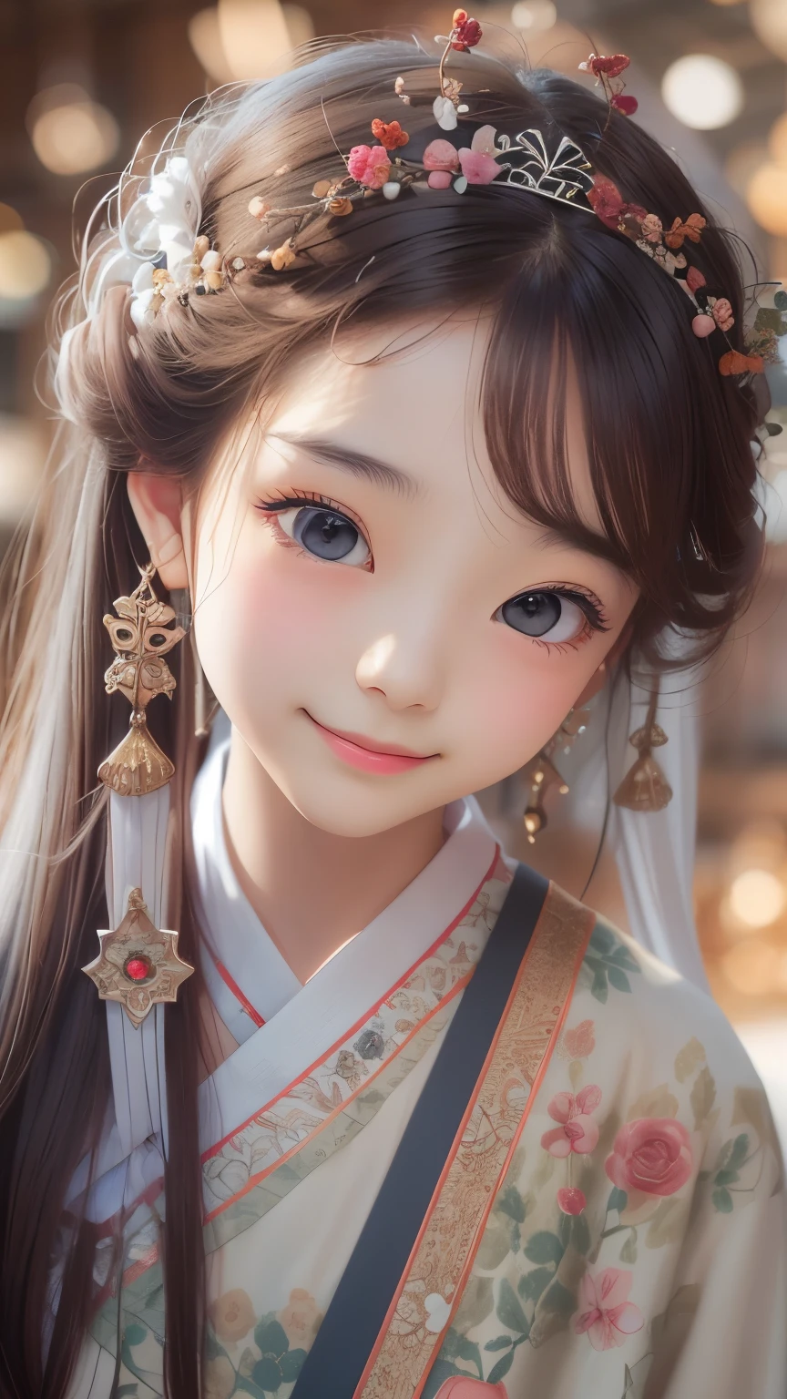 detailed face, cute face,brown eye, Great quality, masterpiece, High Resolutiupon, One girl, blush, (Captivating smile: 0.8), Star Student, chinese hanfu, hair accessory, necklace, jewelry, beauty, upon_body, Tyndall effect, Realistic, Shadow Room, Light Edge, Two-tupone Lighting, (Skin with attention to detail: 1.2), 8k UHD, SLR, Soft Light, high quality, Volumetric lighting, snapshot, High Resolutiupon, 4K, 8k, Background Blur, Real Persupon