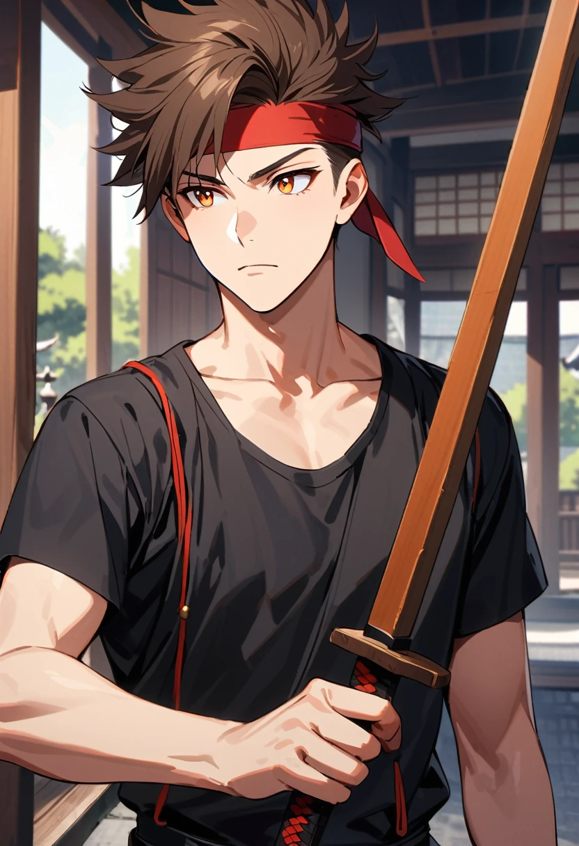 A young man, 21-years-old, solo, Caucasian, mature face, wild spiky undercut brown hair, orange eyes, serious facial expression, black tank-top, loose black pants, upper body, holding wooden sword, courtyard, Japanese architecture, looking to the left, (red headband tied around forehead:1.1)