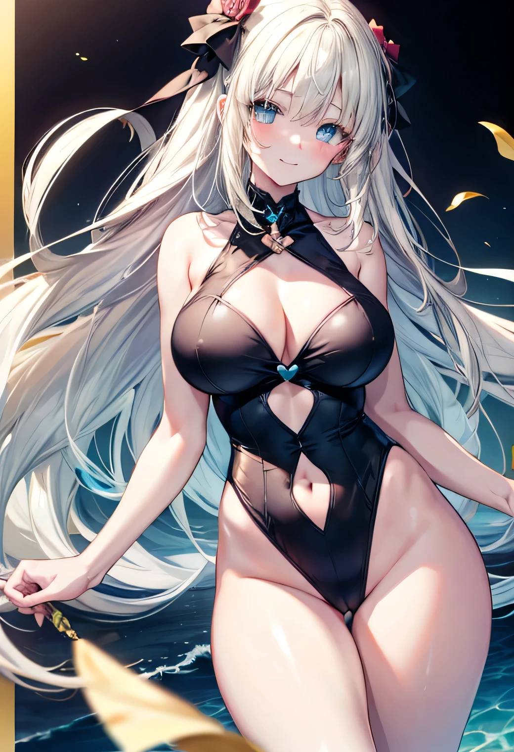 Anime illustration、highest quality、Sandy Beach、Image Video、Idol、Perfect proportions、leotard、Overwhelmingly large breasts、Very thick legs、Beautiful, shining eyes、Blushed、smile、Cowboy Shot