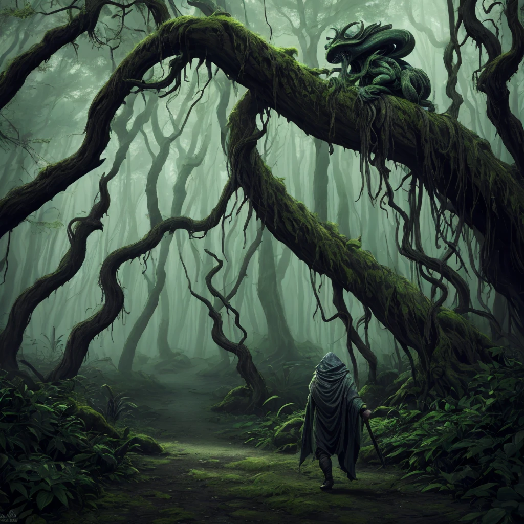 (best quality,high resolution:1.2),(Practical:1.37),Super detailed,Creepy Toad,Huge scale,bright coloring,Walking through an ancient forest,Tentacle tongue,Thick and sticky skin,dark,Ominous atmosphere,Gloomy shadows,mist,Rough trees,Twisted branches,mossy rocks,Dappled sunlight,Extraordinary light,Weird atmosphere,Dense bushes,The leaves crunch underfoot,Unforgettable presence,Disturbing silence,Distant Whisper,Cthulhu-like creature,World of mythology,Mysterious atmosphere