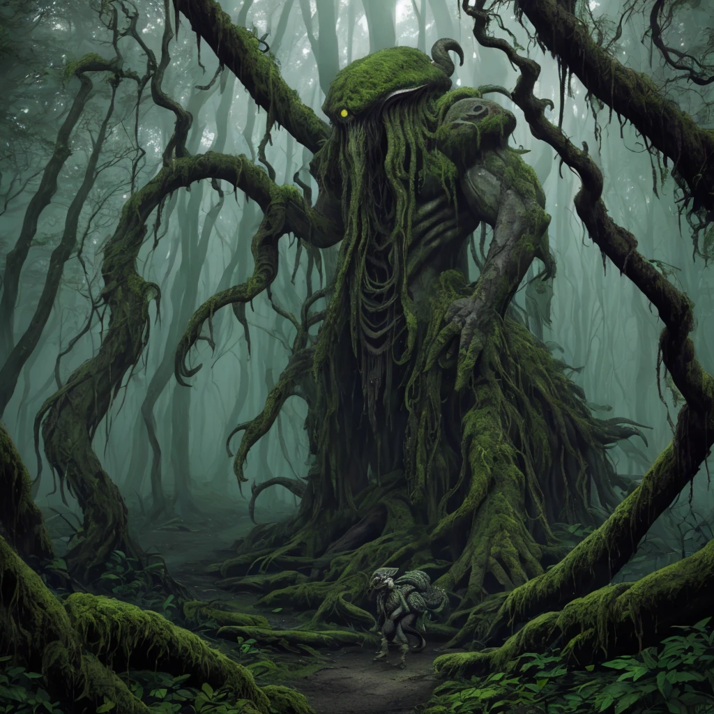 (best quality,high resolution:1.2),(Practical:1.37),Super detailed,Creepy Toad,Huge scale,bright coloring,Walking through an ancient forest,Tentacle tongue,Thick and sticky skin,dark,Ominous atmosphere,Gloomy shadows,mist,Rough trees,Twisted branches,mossy rocks,Dappled sunlight,Extraordinary light,Weird atmosphere,Dense bushes,The leaves crunch underfoot,Unforgettable presence,Disturbing silence,Distant Whisper,Cthulhu-like creature,World of mythology,Mysterious atmosphere