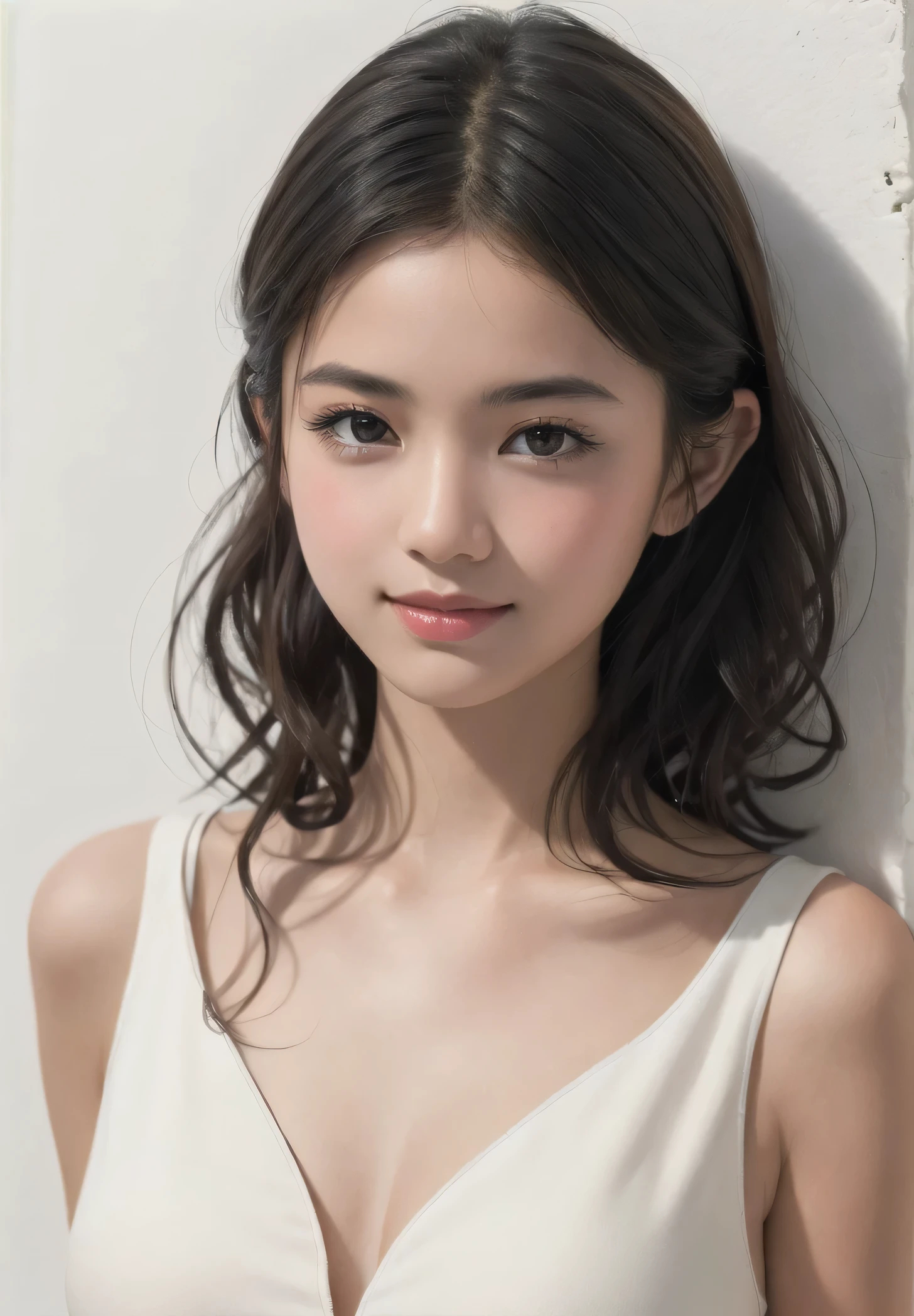 A filipina morena female girl aged 20, scenic professional photograph of (sharp focus:1.2), raw photo, DSLR photo, 8k hdr, ((masterpiece, best quality)), photorealistic, (photorealistic:1.2), HDR, high quality, high-definition, 1girl, standing 20 year old girl, Stands in front of a white photo canvas, (completely white background:1.2), Photorealistic, Hyperrealistic, Hyperdetailed, analog style, (soft lighting, soft shadow:1.4), realistic, masterpiece, best quality, ultra realistic, 8k, Intricate, High Detail, film photography, perfect viewpoint, highly detailed, wide-angle lens, hyper realistic, with dramatic sky, polarizing filter, natural lighting, vivid colors, everything in sharp focus, HDR, UHD, K, (cowboy shot), (beautiful_skin fair_skin white_skin), ((realistic_skin)), (young:1.4), perfect face, detailed beautiful face, glossy lips, smile, looking at viewer, peach perfect cheeks, angelic and innocent baby face,