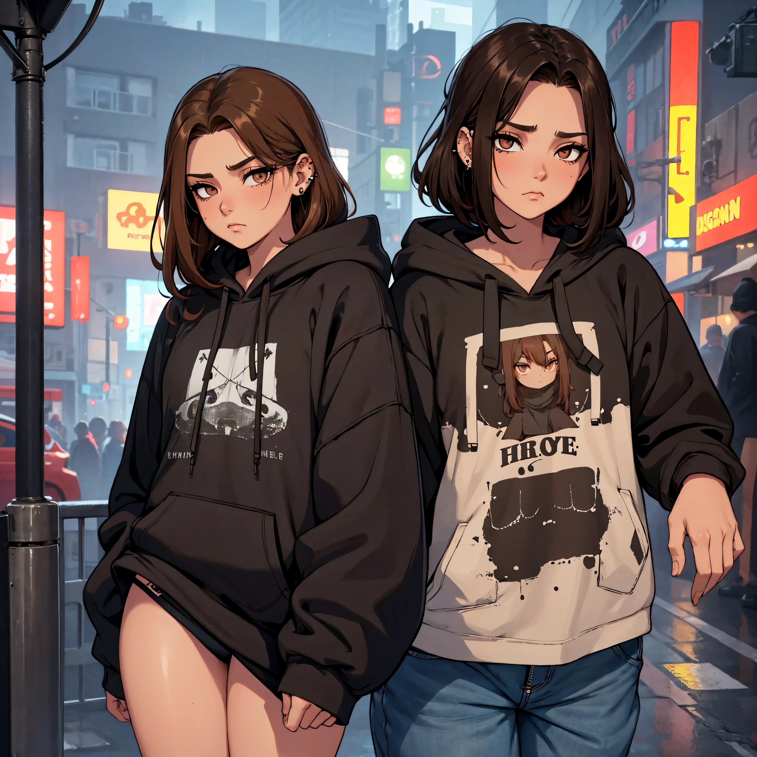 create a blank mock up for a faded black washed hoodie, retro baggy, 90s look, brown hair, with a dark theme,  beautiful female thin face, piercings on face, loose fit, baggy, pretty eyes, absolutely blank hoodie, night life in background, rain 