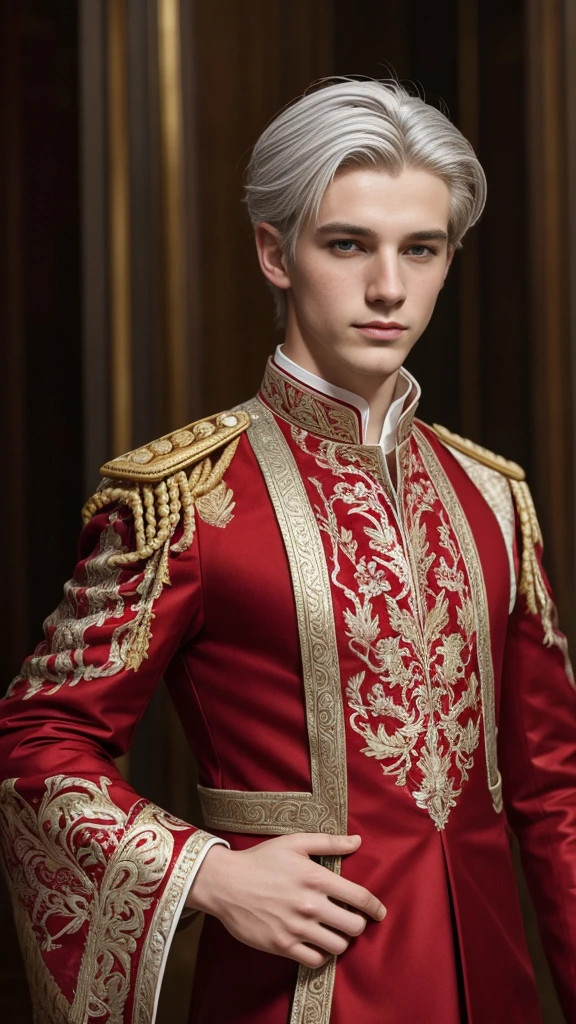 A young pale white, European man, with silver hair, wearing a simple red european brocade, with gold linings