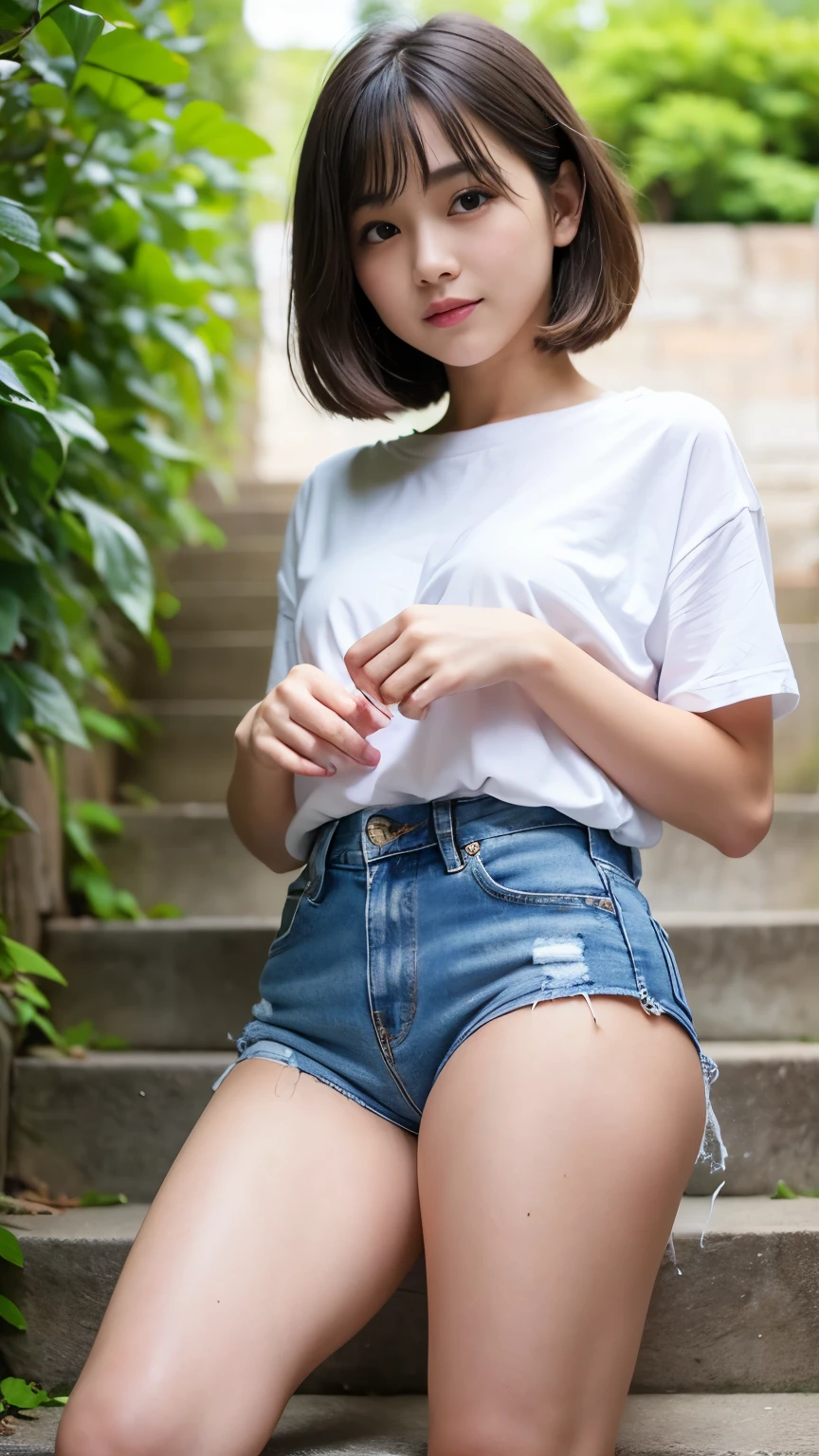 Best-quality, Masterpiece, Ultra-High-Resolution, (Photorealistic:1.4), Raw Photo, depth of field, professional lighting, perfect anatomy, extremely details, ((from below)), 1girl, 15-years-old, Japanese idol, cowboy shot, wearing underwear white camisole and denim short shorts, at stairs, (upturned small-ass), (extremely cute face, ((extremely beautiful and extremely big eyes)), extremely beautiful short-cut-haired, extremely beautiful skins), realistic skin texture, extremely beautiful long-eyelashes, extremely beautiful lips, childish body, extremely beautiful hip, extremely beautiful thighs, looking down, innocent-smile