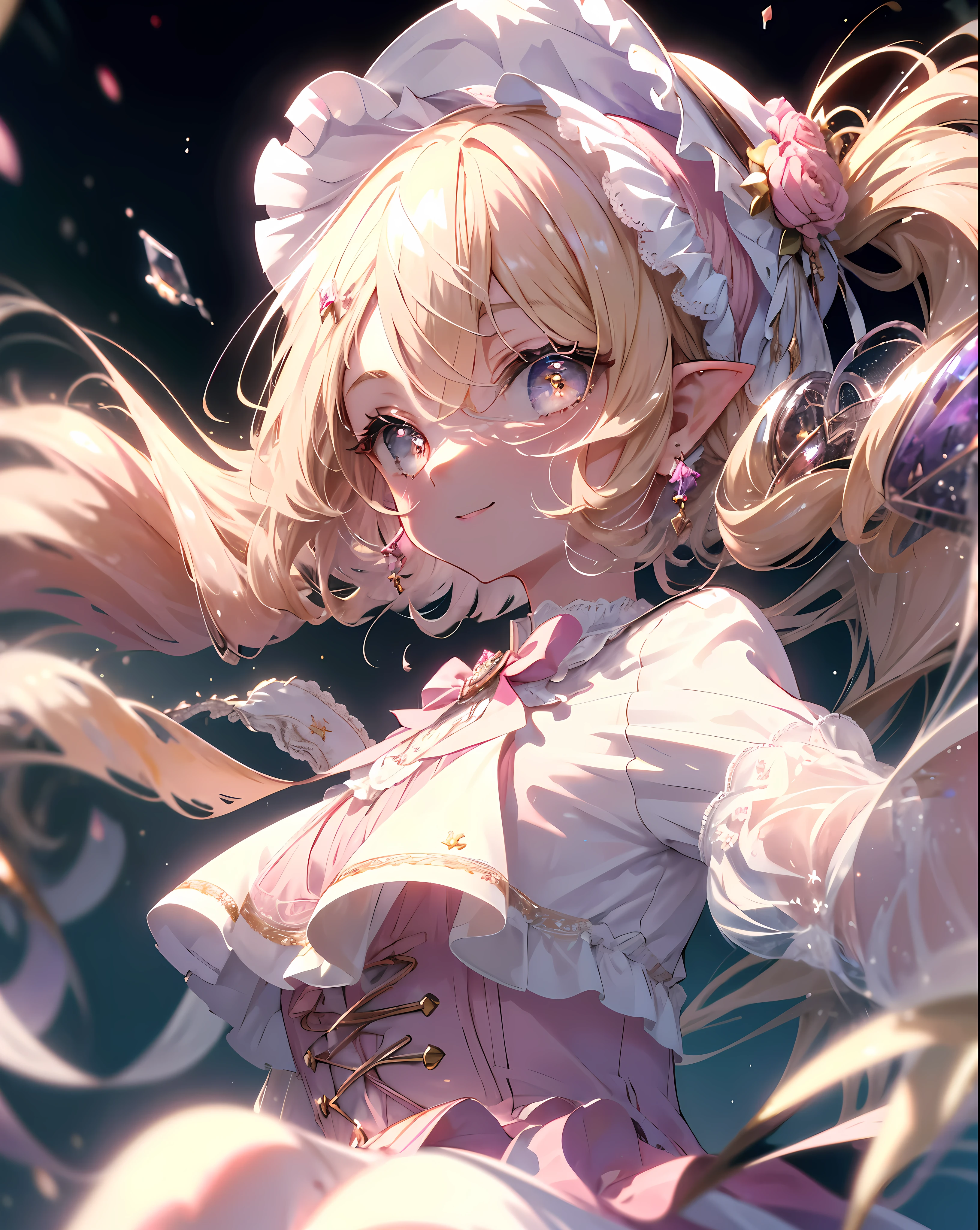 ((masterpiece,High resolution,8K quality,highest quality)),girl,young girl,Chiquita,((highly detailed face)),elf,delicate eyes,(Eyes that shine in red, purple, and yellow),(hairstyle:Long Wave,strong wavy hair,Soft wavy hair,blonde),pointy ears,Lens flare,white and pink lolita dress,white ruffles,Half bonnet with pink roses on white fabric,white panniers,pink tights,shy smile,Antique room,art deco style room,