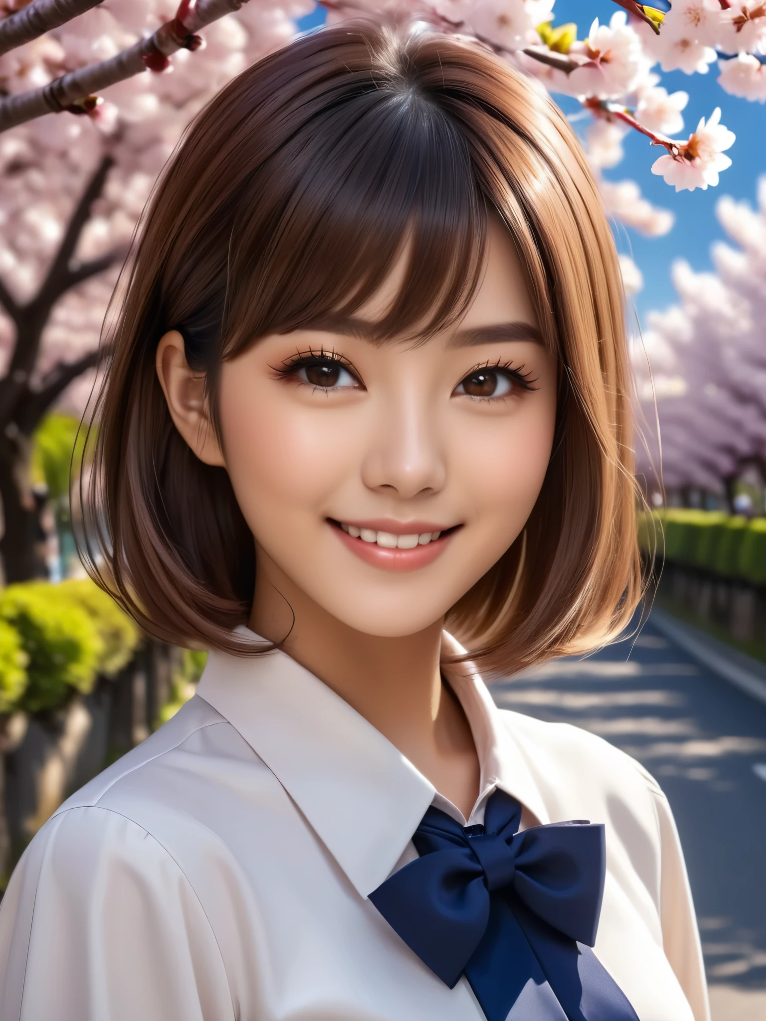 product quality, 1girl, upper body shot, front view, a Japanese young pretty girl, 18 years old, short hair, standing with a big smile on a street among cherry blossom trees, glamorous figure, busty, wearing a white collared shirt of long sleeves, dark blue plain bow tie, dark blue pleated long skirt, school bag over her shoulder, hyper cute face, glossy lips, double eyelids in both eyes, natural makeup, long eyelashes, shiny smooth light brown long bob hair, asymmetrical bangs, a tanned skin, central image, high resolution, high detail, detailed hairstyle, detailed face, spectacular cinematic lighting, octane rendering, vibrant, hyper realistic, perfect limbs, perfect anatomy