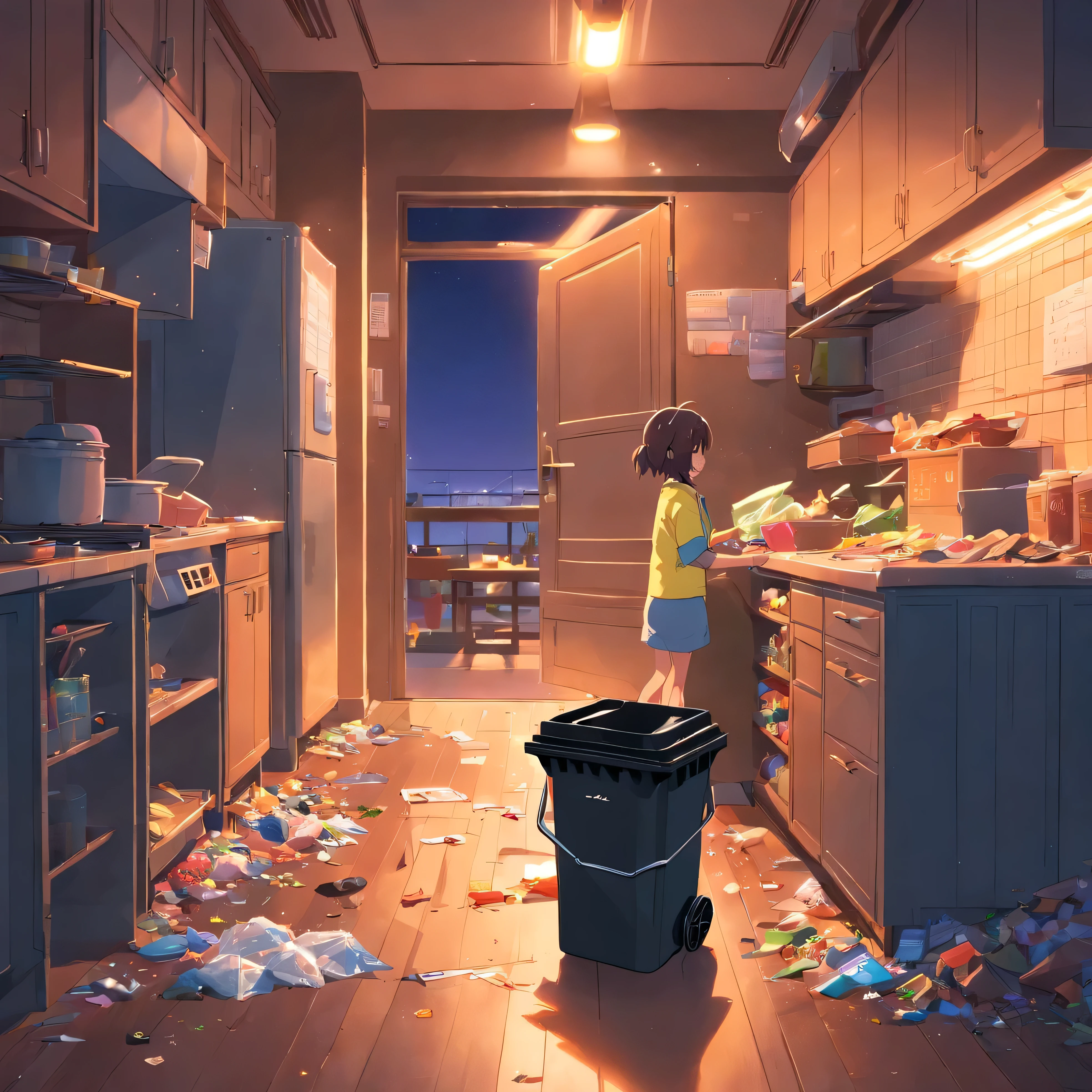 Kitchen at night,(No one 1.4),cupboard,((garbage can:1.4))
