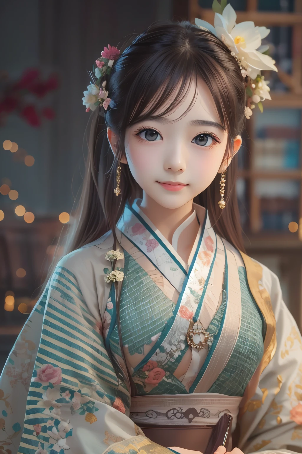 detailed face, cute face,brown eye, Great quality, masterpiece, High Resolutiupon, One girl, blush, (Captivating smile: 0.8), Star Student, chinese hanfu, hair accessory, necklace, jewelry, beauty, upon_body, Tyndall effect, Realistic, Shadow Room, Light Edge, Two-tupone Lighting, (Skin with attention to detail: 1.2), 8k UHD, SLR, Soft Light, high quality, Volumetric lighting, snapshot, High Resolutiupon, 4K, 8k, Background Blur, Real Persupon