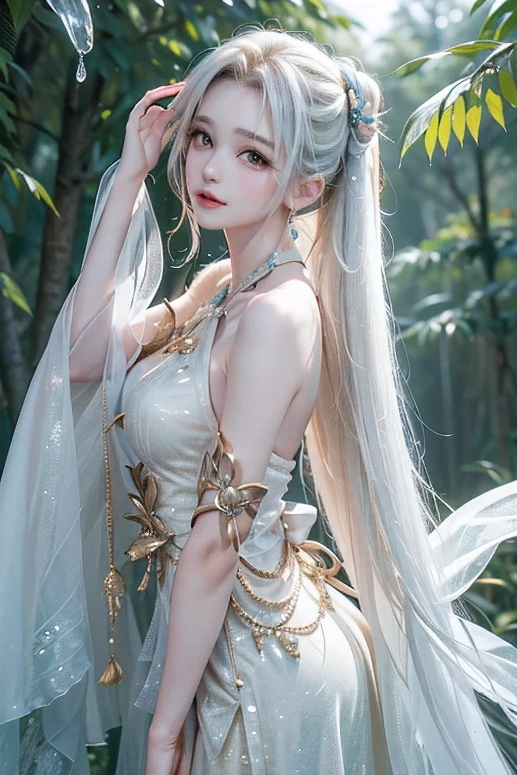 ((Picture from the waist up))((masterpiece:1.5、8k、Portrait、Photorealistic and very detailed CG、Very detailed、Particle Effects、Dynamic Effects、Written boundary depth、Cinematic Light、Lens flare、Ray Tracing、Tabletop、Realistic:1.4、超A high resolution:1.2、Realistic、Realistic))((alone、,A woman wearing a matte textured halter neck dress:1.4、Dynamic female pose:Lean back、Exposed lateral breasts、sideboob、Detailed face、Bright expression、young, Brighter, Whiter skin、Ample breasts、Best Looks、Ultimate beauty、Shiny silver hair with highlights、Bright and shiny hair,、Super long, Silky straight hair、Hair swaying in the wind))(Fantastic tree々surrounded by、Deep forest background、Fantastic background、Thin petals fluttering around)
