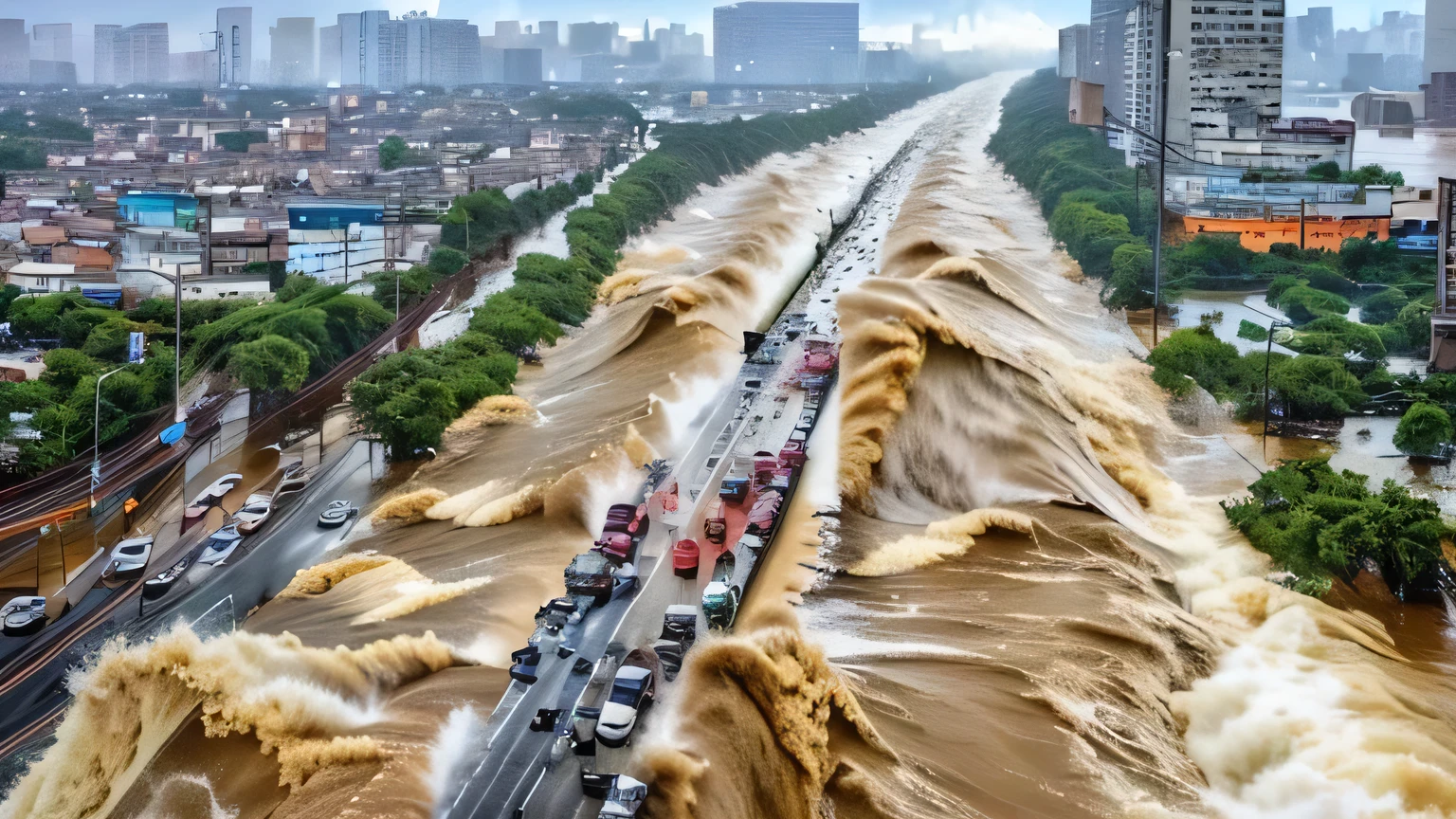 arafed highway with cars and trucks driving through a flooded city, massive river, unbelievable, very huge waves, completely flooded, massive waves, giant river, the river is flowing its way, huge waves, extreme weather, flooded city, huge storm, floods, flooding, giant waves, overpopulated, water everywhere, amazing photo, overflowing, dense rain, meme