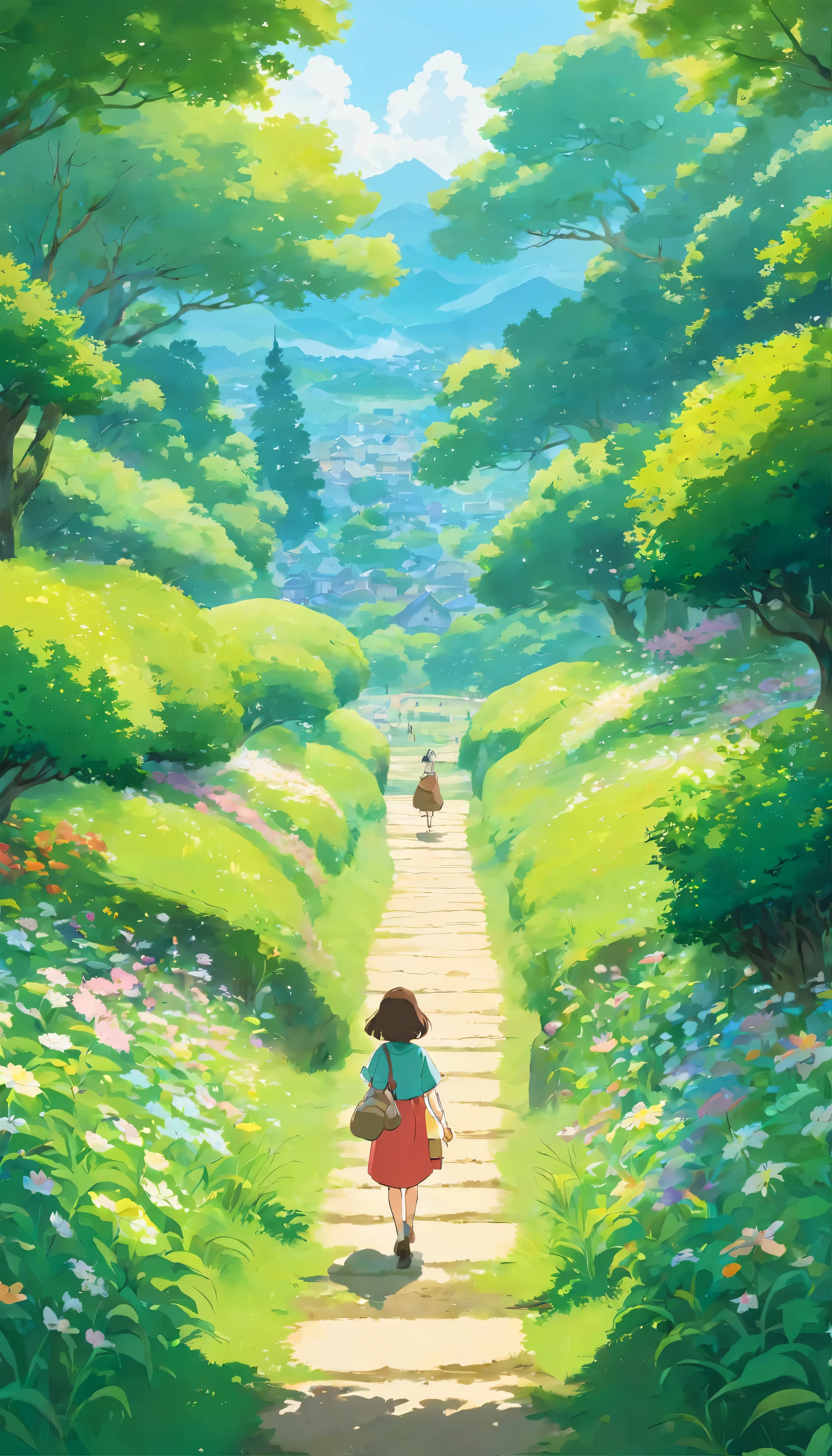 In the quiet and enchanting Studio Ghibli atelier、A masterpiece oil painting unfolds。Hayao Miyazaki&#39;s Petal Meadow、In that reality、Be authentic、beautifully、Featuring amazing charm、Comes to life with exquisite detail。Vivid petals spread across the canvas、The colours come in a variety of shades.、Each captures the essence of nature&#39;s complexity。 green々On the scenic landscape、A clear, calm green sky spreads out before you.、Gentle white clouds spread out like puffballs dancing in the wind.。Each brush stroke gives depth to the landscape.、It creates a deep connection between the viewer and the landscape.