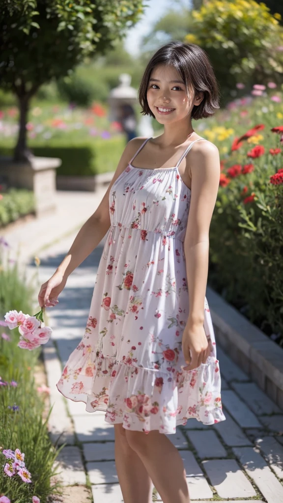 masterpiece, highest quality, disorganized, perfect anatomy, 1 girl, alone, pascal tales, short hair, beautiful, Hilarious, sunny day, botanical garden, Summer winds, sundress, Floral, wavy hair, smile