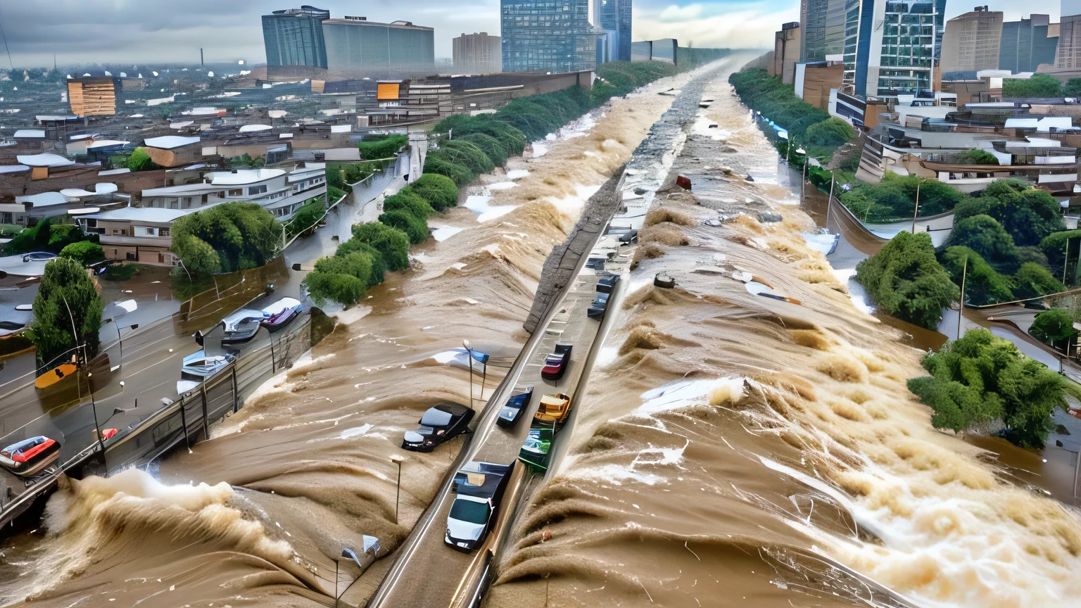 arafed highway with cars and trucks driving through a flooded city, massive river, unbelievable, very huge waves, completely flooded, massive waves, giant river, the river is flowing its way, huge waves, extreme weather, flooded city, huge storm, floods, flooding, giant waves, overpopulated, water everywhere, amazing photo, overflowing, dense rain, meme