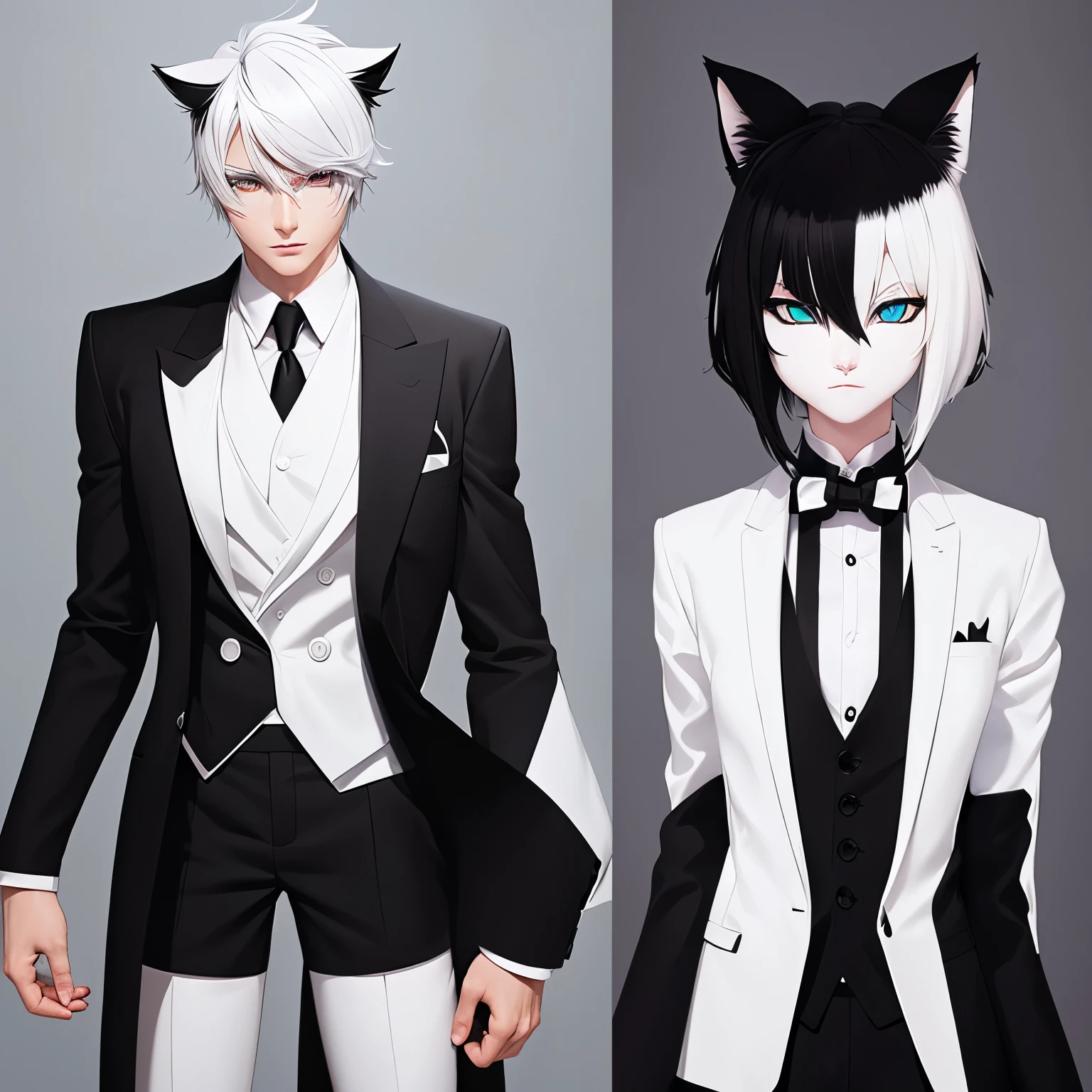 androgynous cat girl, half black and half white hair, two different colored eyes , in a suit