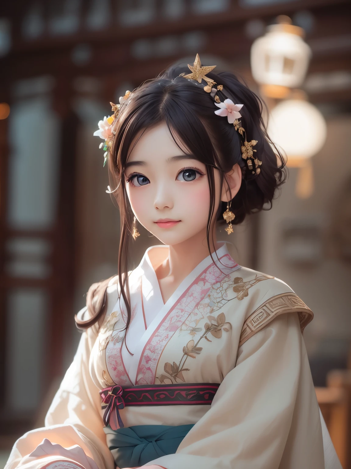 detailed face, cute face,brown eye, Great quality, masterpiece, High Resolutiupon, One girl, blush, (Captivating smile: 0.8), Star Student, chinese hanfu, hair accessory, necklace, jewelry, beauty, upon_body, Tyndall effect, Realistic, Shadow Room, Light Edge, Two-tupone Lighting, (Skin with attention to detail: 1.2), 8k UHD, SLR, Soft Light, high quality, Volumetric lighting, snapshot, High Resolutiupon, 4K, 8k, Background Blur, Real Persupon