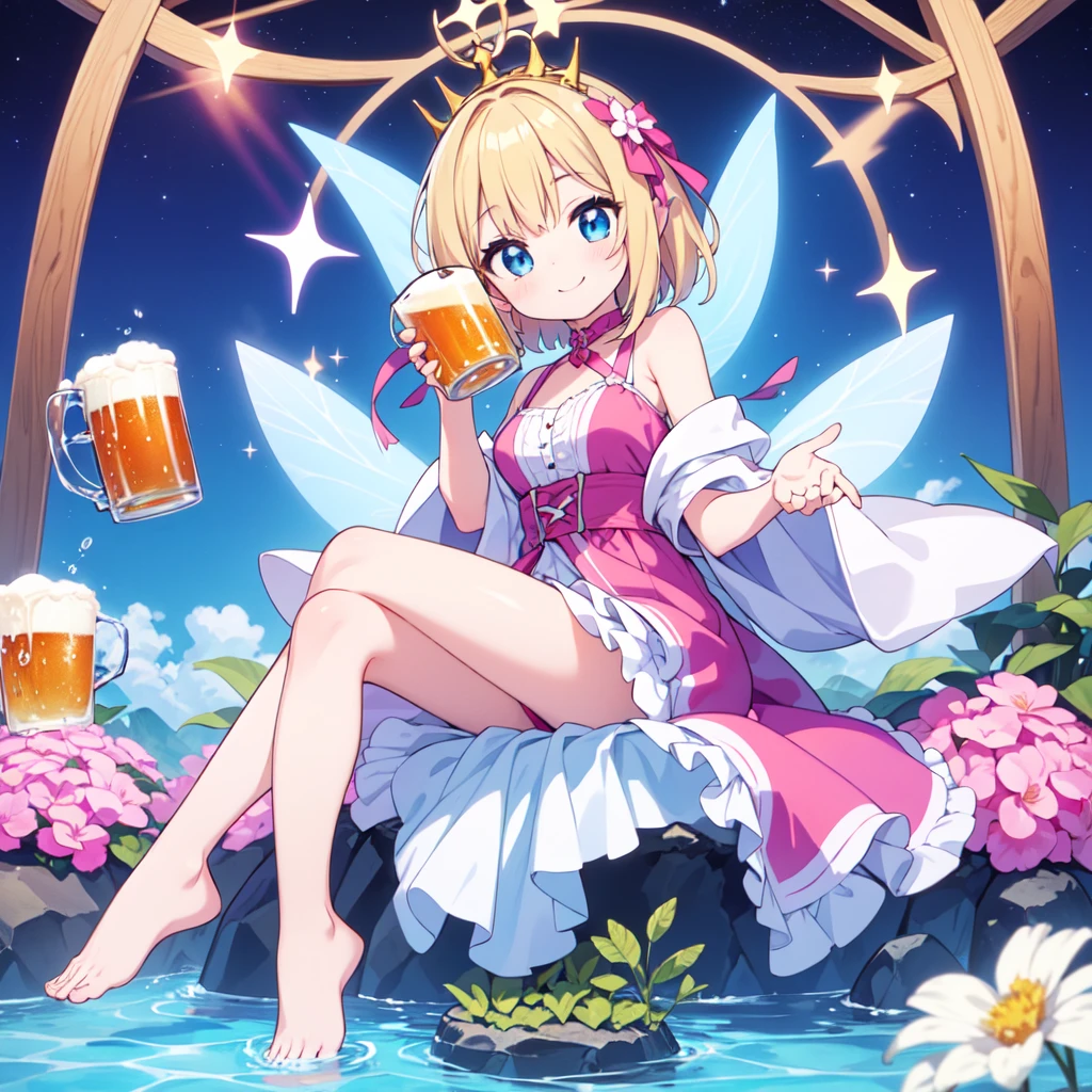 anime fairy sitting in a cup of beer, anime girl drinks energy drink, is ((drinking a cup of tea)), pastel watercolor anime、Smiling sitting in a big beer mug、whole body、barefoot、The fairy girl is in a beer mug,dress,pixiv, by Yuumei, at pixiv, faerie, cute anime, pixiv contest winner, beautiful fairy, cute anime girl, smiling as a queen of fairies, drinking tea, water fairy, drinking beer, with a drink