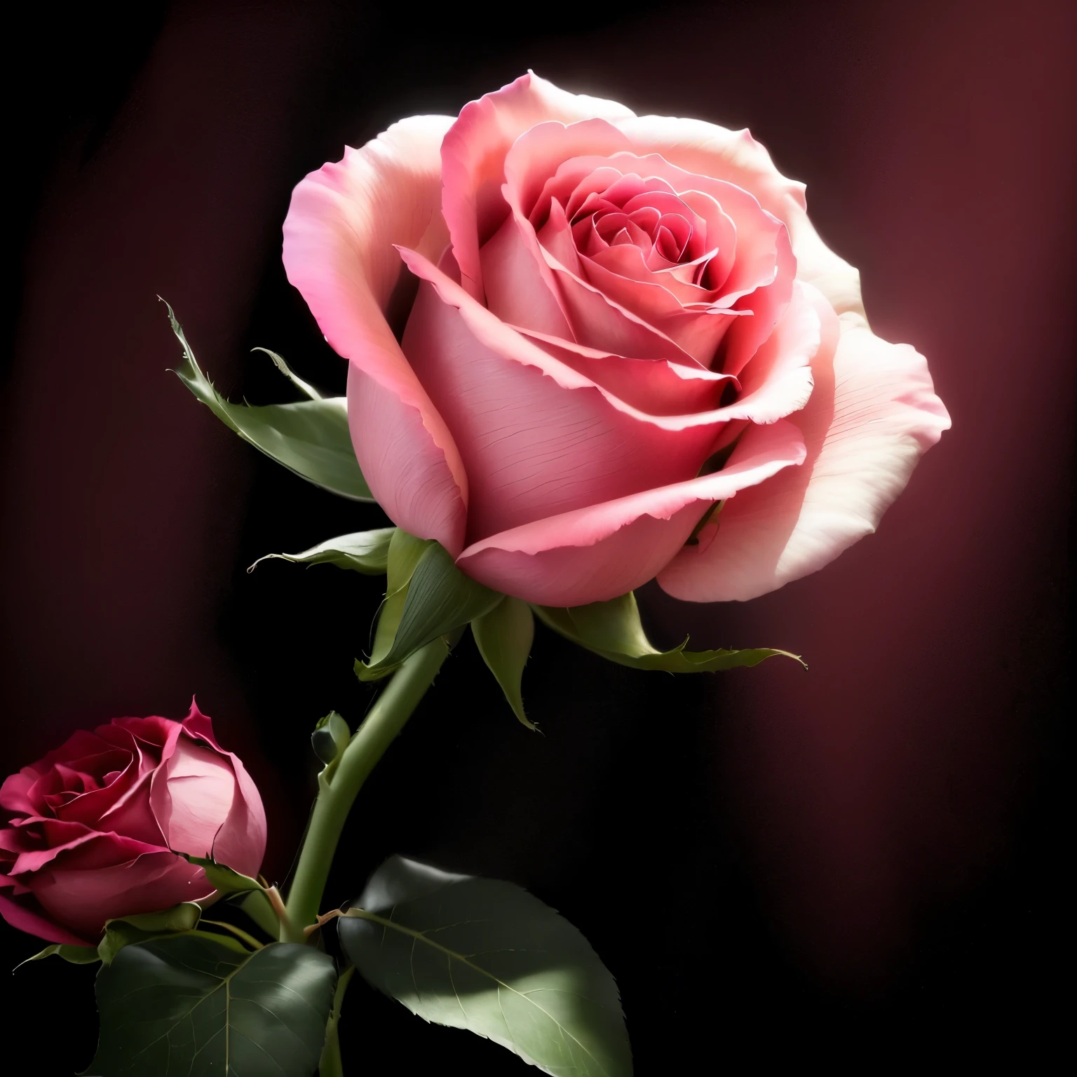 there is a pink rose that is on a stem with leaves, pink rose, photo of a rose, pink rosa, rose, rose background, natural point rose', on black background, on a black background, rose twining, beautiful photo, roses background, photo of a beautiful, stock photo, stock image, with a black background, red rose, pink flower