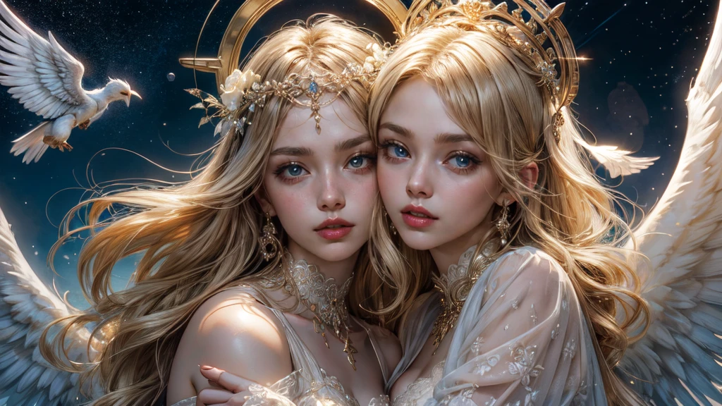 (High resolution,highest quality:1.2),dream-like Angels,Detailed face, Fine grain, Fine hand. Angels, Angels with white halo and wings, dream-like, Celestial Bodies,God&#39;s Silence,Great presence, Heaven Background,Transcendental beauty,God&#39;s Grace,celestial harmony,Cosmic glow,Heavenly glow,Mysterious Aura,Bright atmosphere,Calm tranquility,God&#39;s Power,Majestic elegance,divine energy,Space Configuration,Celestial Bodiesとのつながり,Spiritual Transcendence,Mysterious Light,The figure of an angel,Transcendental Realm,Heavenly Art,space magic,Stellar Luminescence,Heavenly Costume,Transcendental Silence,Heavenly brilliance,space magic,Amazing Spiritual Beings,Glossy Cosmic Tapestry,A heavenly sight,The Face of God,Supernatural Blessings,Cosmic vibration,Heavenly Transcendence,Heavenly Beauty