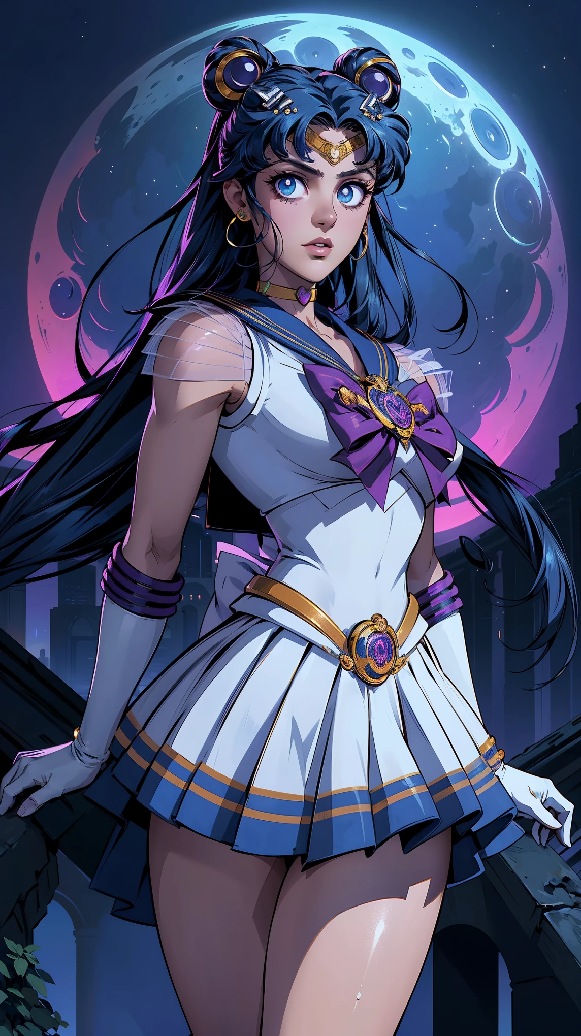 (absurdos, high resolution, ultra detallado, hdr), Obra maestra, mejor calidad, colores pasteles, colores claros, anime toei,  senshi sailor luna, Pretty Guardian Sailor Moon personaje manos en la espalda y sosteniendo el pelo y en el costado hay un broche, personaje detallado con cara detallada, ojos grandes, ,(Fondo de ruinas de mazmorra en ruinas Tokio cyberpunk :1.4 ), (sailor moon Luna :1.4), (sailor moon Luna V2.1), (dynamic pose), More detailed 8K.motor irreal:1.4,UHD,La mejor calidad:1.4, fotorrealista:1.4, textura de la piel:1.4, obra maestra:1.8,obra-prima, mejor calidad,objeto Objeto], (detailed face features:1.3),(Las proporciones correctas),(Ojos hermosos azules:1.4 ),  (pose vaquero),( face detailed:1.4) 