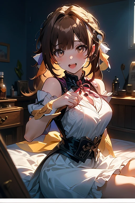 (Masterpiece: 1.2), Best Quality, (Illustration: 1.2), Eye Focus, (Ultra Detailed), Ultra Detail, (Fine Detail), (Intricate Detail), (Cinematic Light, Best Quality Backlight), Clear Lines, Solo Female, Solo Female, Perfect Figure, (1 Girl), High Contrast, (Best Lighting, Extremely Delicate and Beautiful), ((Cinematic Light)), Powerful, Absolutely Striking, Dynamic Angle, Gorgeous Background, cute Teeth, Open Mouth, mischievous smile, close-up, depth of field, close-up of a long-haired character. A cute tongue sticks out of the mouth, long hair, big breasts, short sleeves, dress, bare shoulders, braids, porcelain clothes, having an icecream