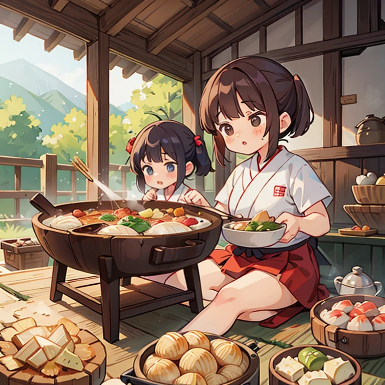 Girls preparing chanko nabe in a sumo stable Parent's daughter and friend About junior high school age huge pot