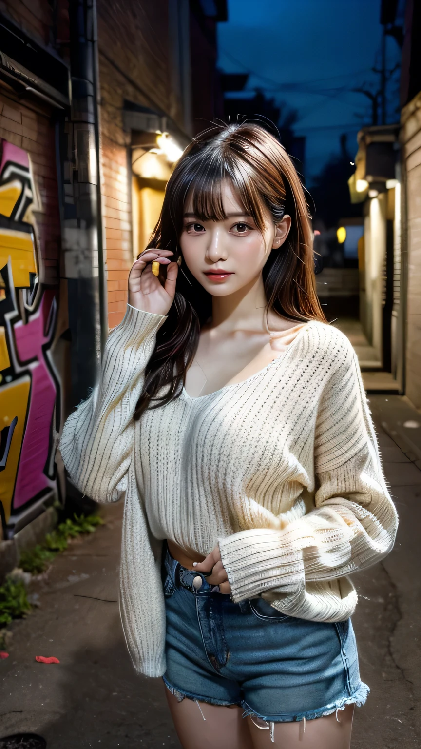Collection, best quality, illustration, Ultra Detailed, Fine details, high resolution, 8k,wallpaper, Perfect dynamic composition,(Detailed information high quality, Realistic depiction of eyes:1.3),  (Japanese girl standing in dirty back alley at night, Place your hands on your head, Graffitied wall:1.1), ((White hand-knitted long sweater, V-neck sweater, Oversized clothes)), Black hair, Natural color lipstick,  Seductive face, Provocative expression, Cried a little、calm gaze, Harajuku style、(Graffiti), at night, 20 year old girl、Cute、Lolita, Idol carving, Full body image、Focus on the crotch, Huge breasts