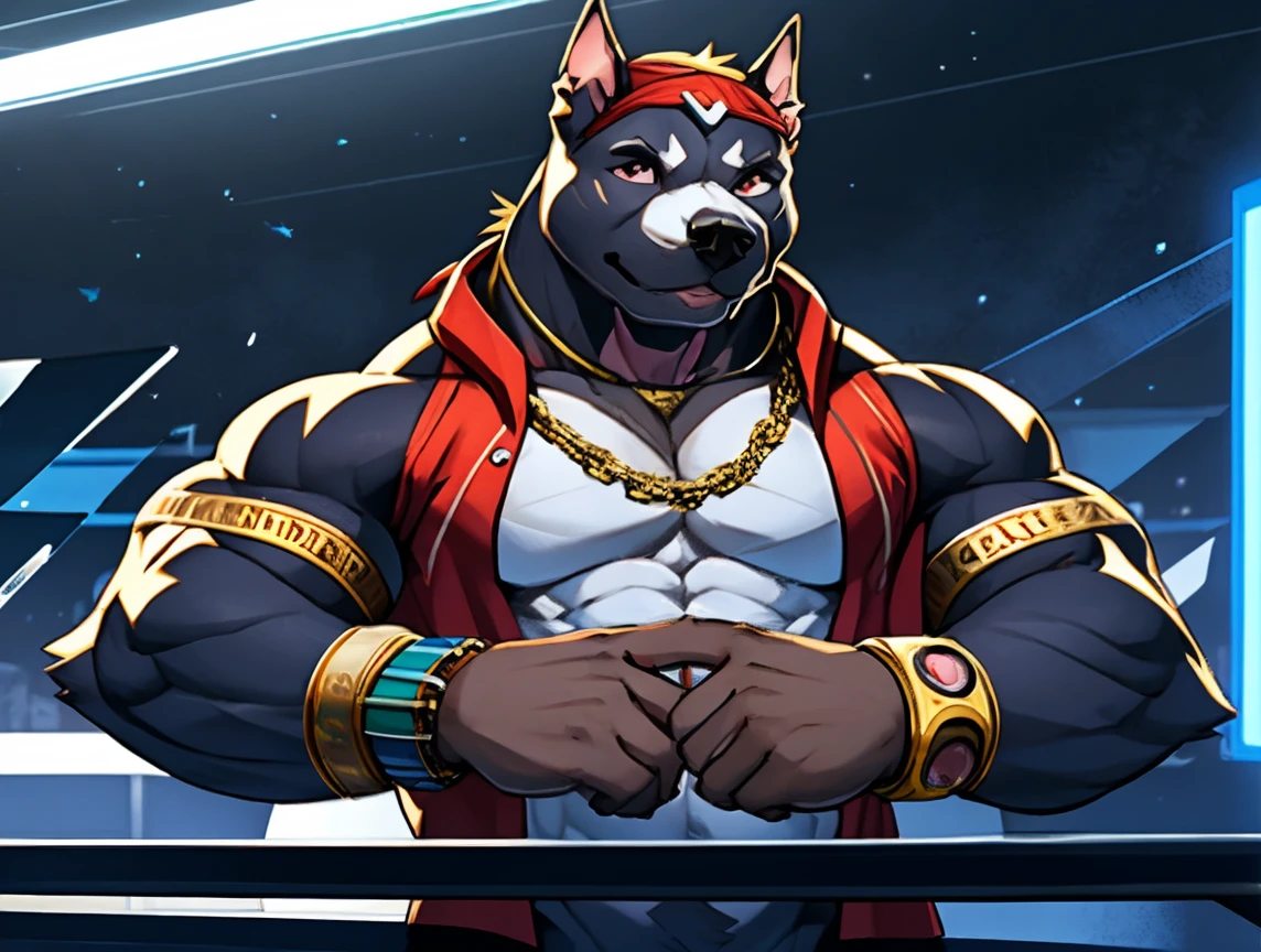 (((He has a Pit Bull head ))). Correndo na esteira. Absurdamente Forte. Ele veste short de treino. bandana on neck, Watch & Bracelets. He wears gold chain around his neck.modern gym scene. Seu Corpo Pesa acima dos 180 quilos. Fotografia de corpo inteiro fotografia de Corpo completo. Luzes de neon decoram o ambiente. Luzes de led decoram o ambiente moderno da academia. Uma tv na parede ao fundo.
